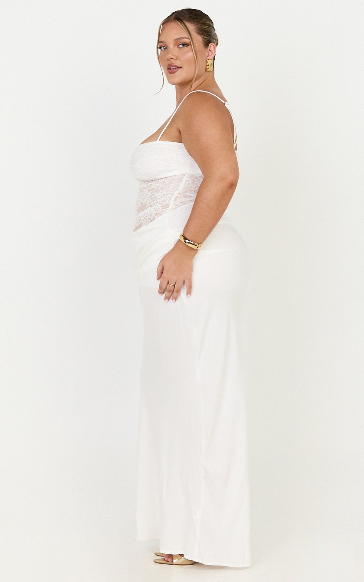 Rania Maxi Dress - Contrast Lace Bodice Bias Cowl Drop Waist Dress in Cream