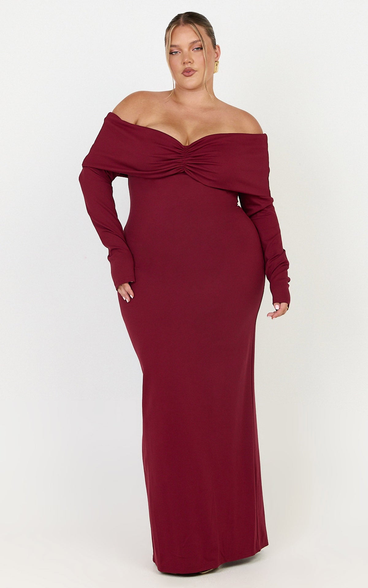 Rani Maxi Dress - Off Shoulder Long Sleeve Bodycon Dress in Wine