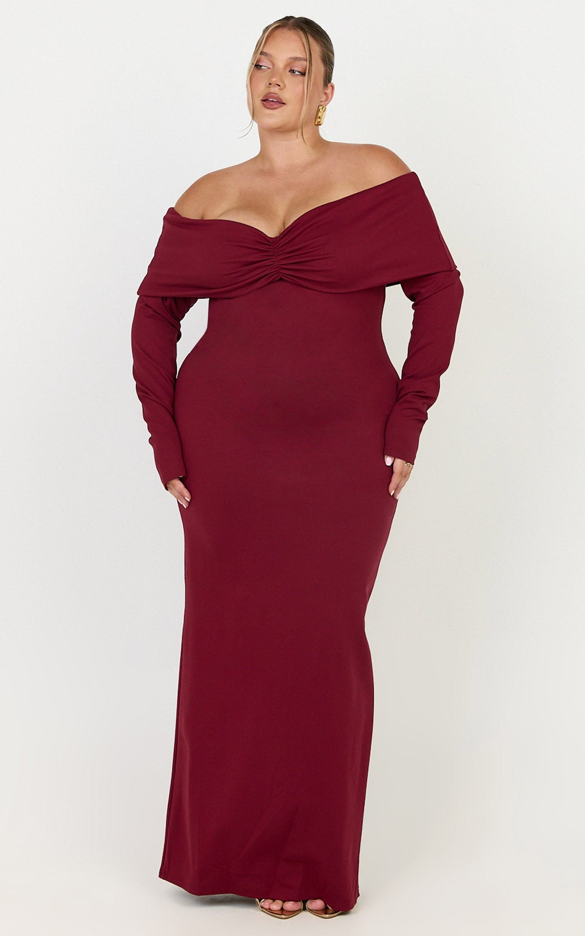 Rani Maxi Dress - Off Shoulder Long Sleeve Bodycon Dress in Wine