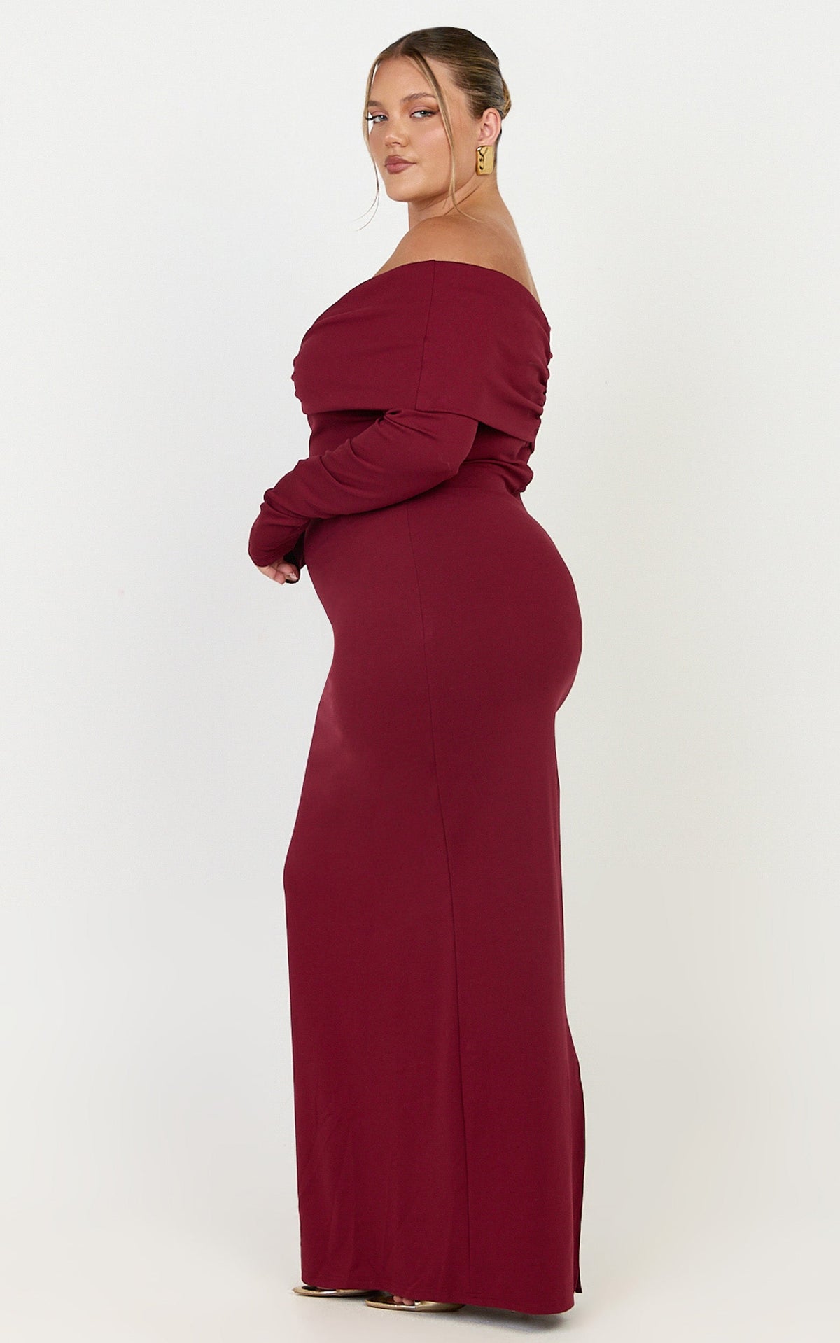 Rani Maxi Dress - Off Shoulder Long Sleeve Bodycon Dress in Wine