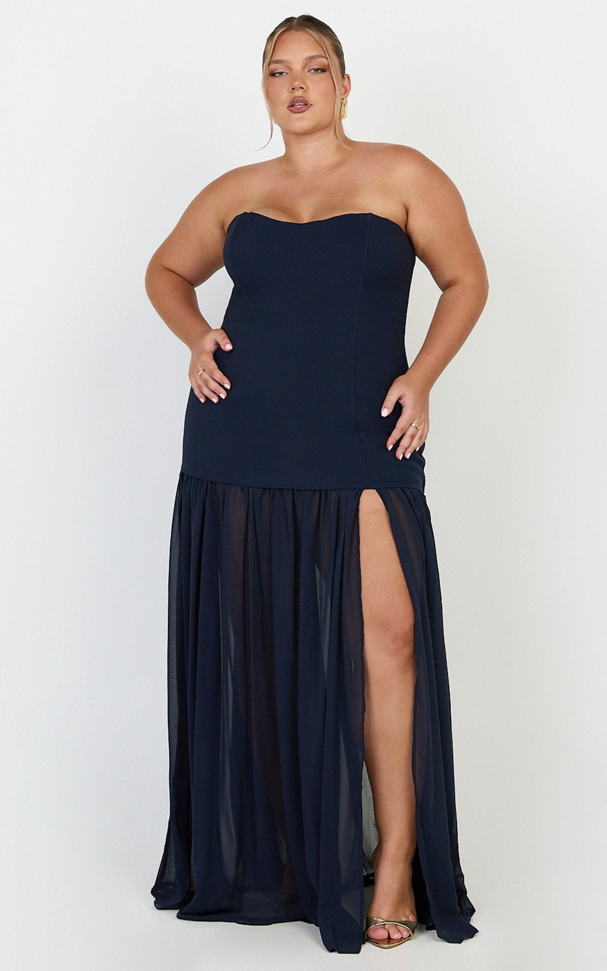 Jocelyn Maxi Dress - Strapless Ruched Fit And Flare Dress in Navy