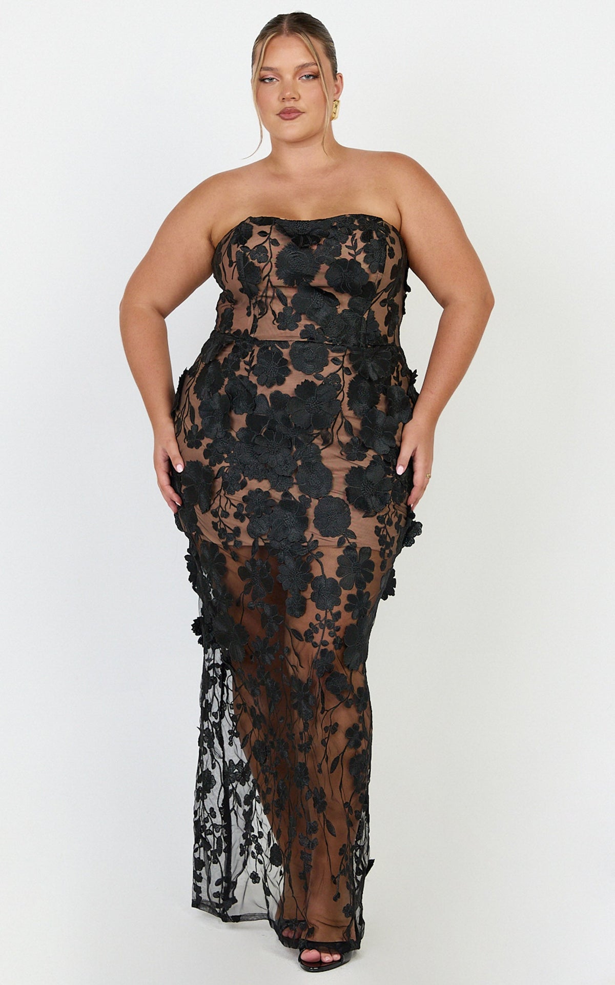 Sienna Maxi Dress - 3D Floral Strapless Column Dress in Black