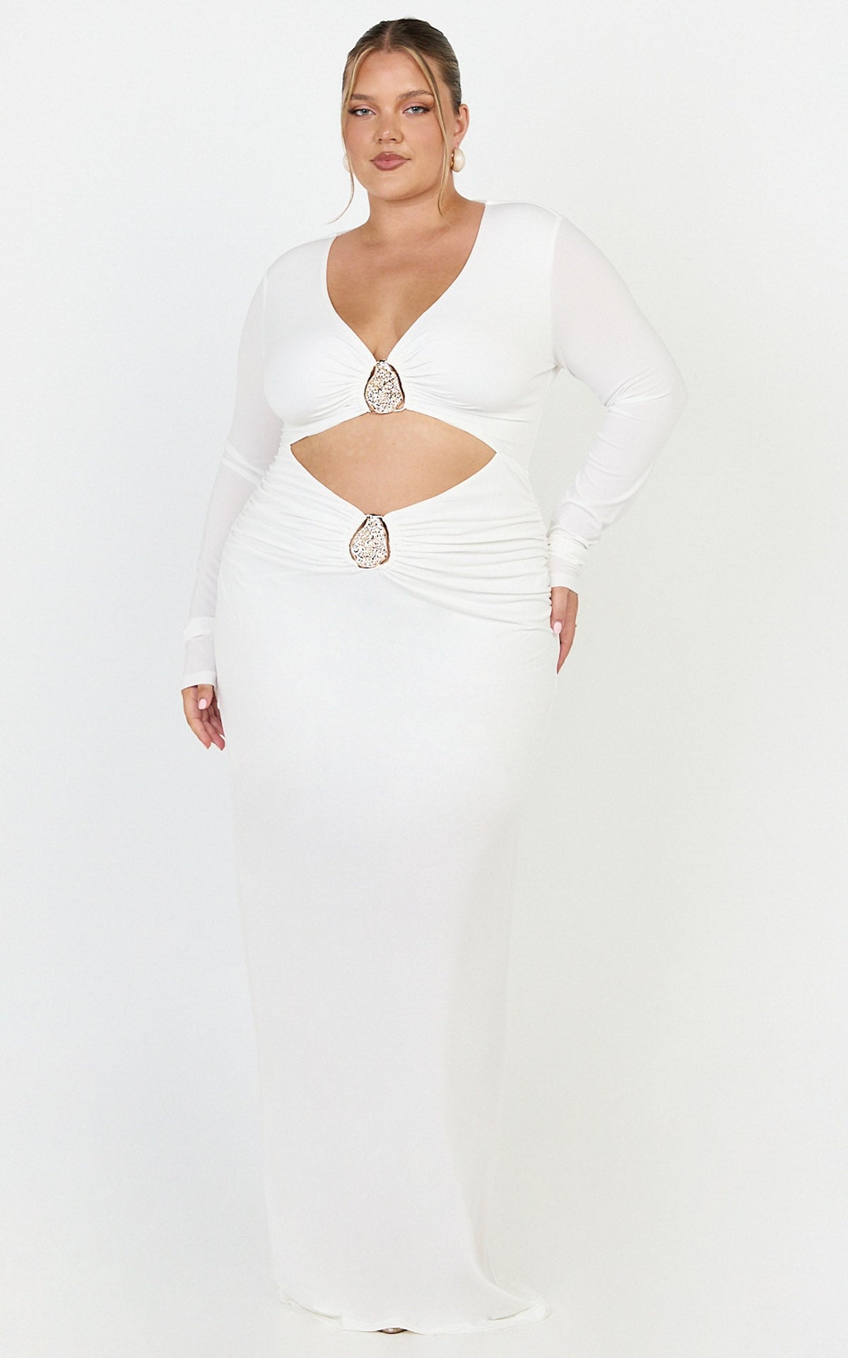 Dakota Maxi Dress - Long Sleeve V Neck Bodycon Dress in Cream