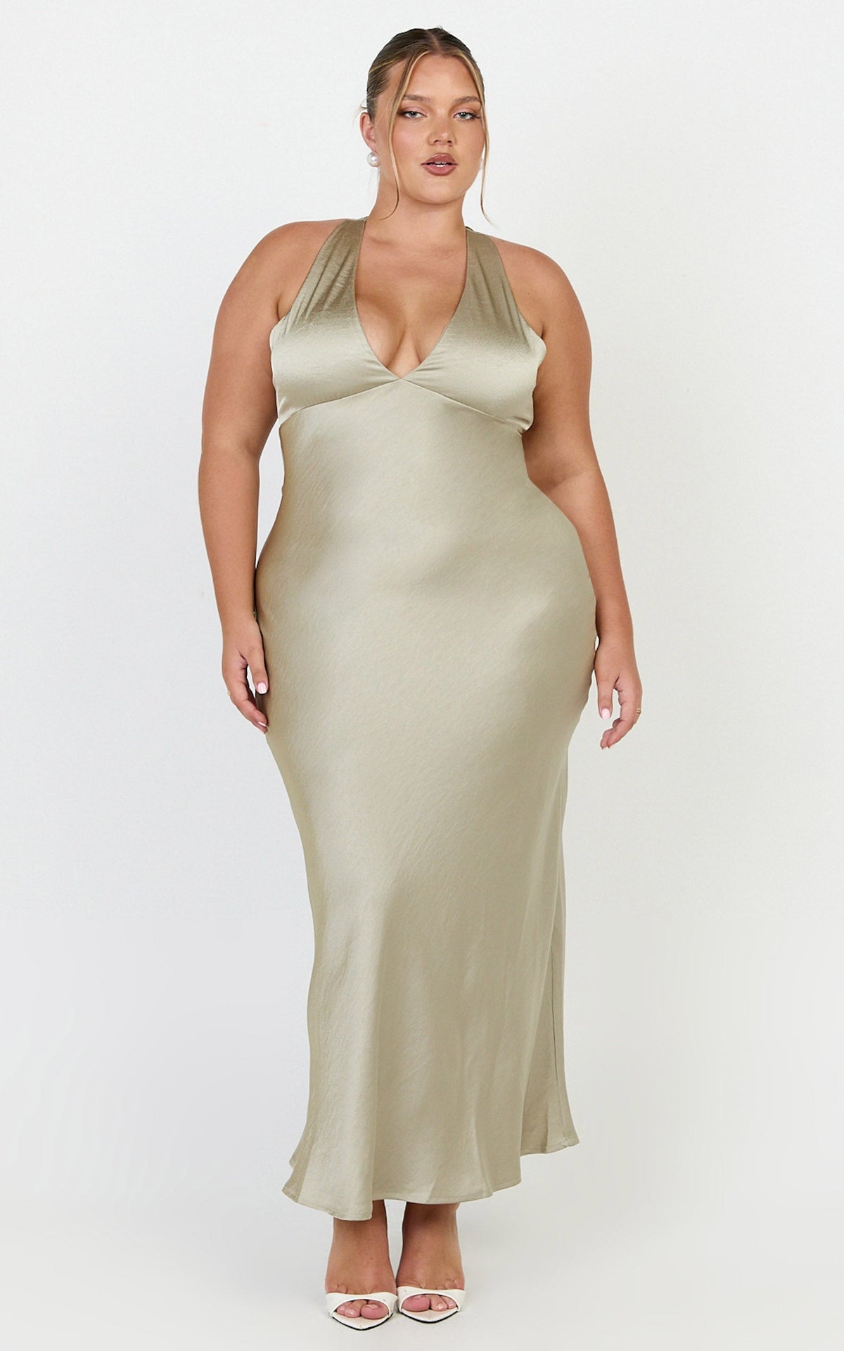 Khalani Midi Dress - Deep V Neck Satin Slip Dress in Light Olive