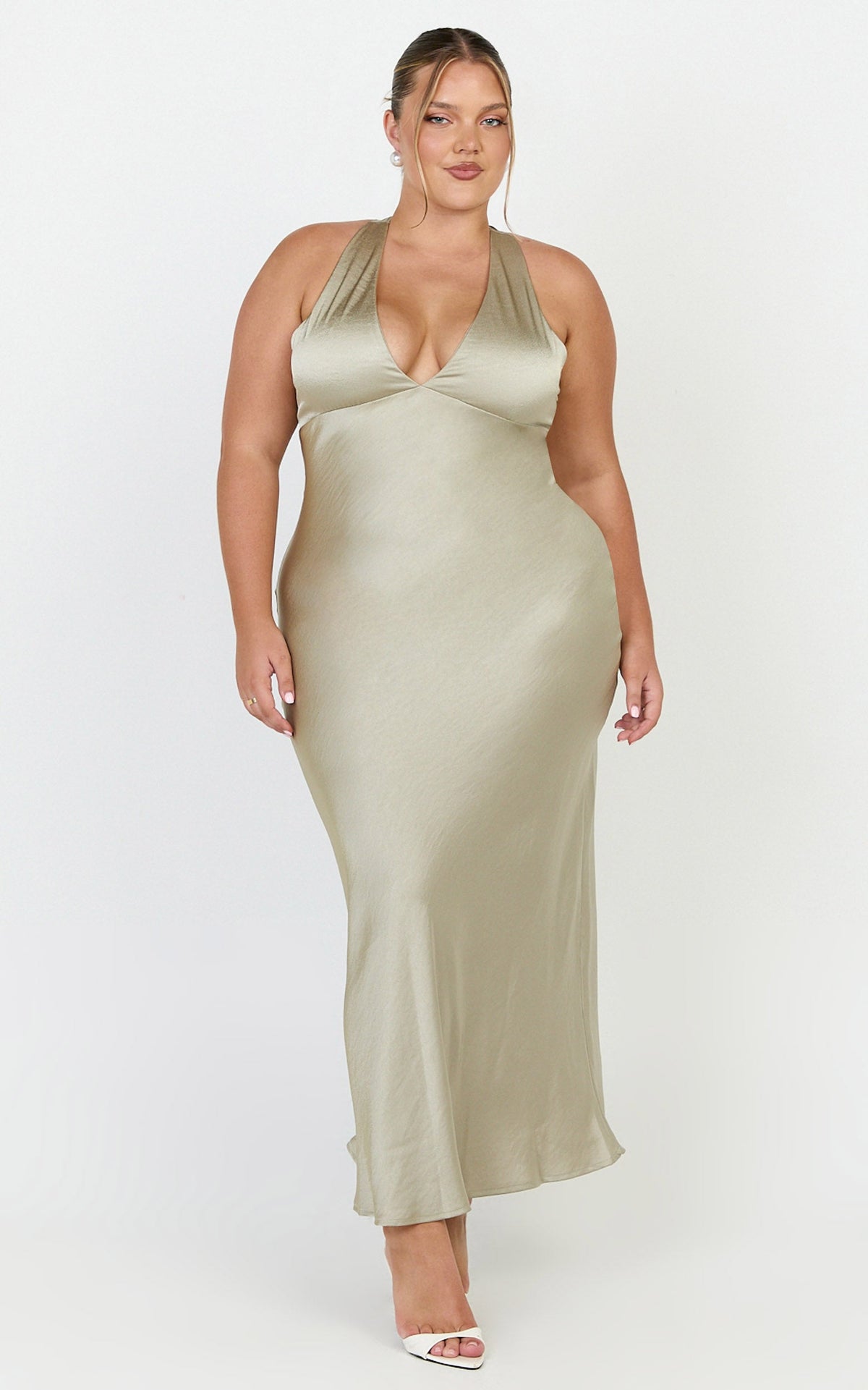 Khalani Midi Dress - Deep V Neck Satin Slip Dress in Light Olive