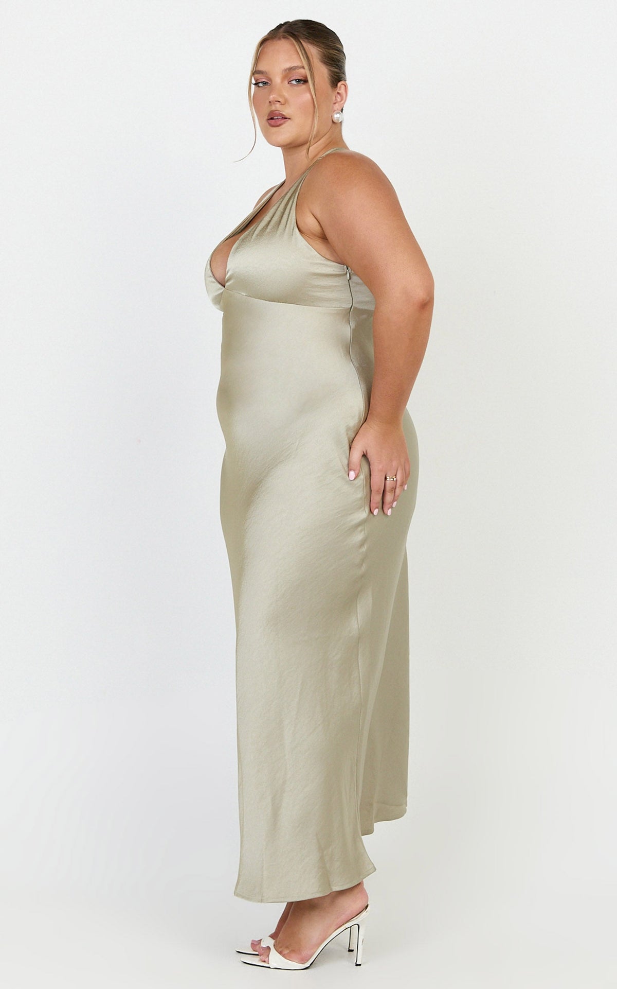 Khalani Midi Dress - Deep V Neck Satin Slip Dress in Light Olive