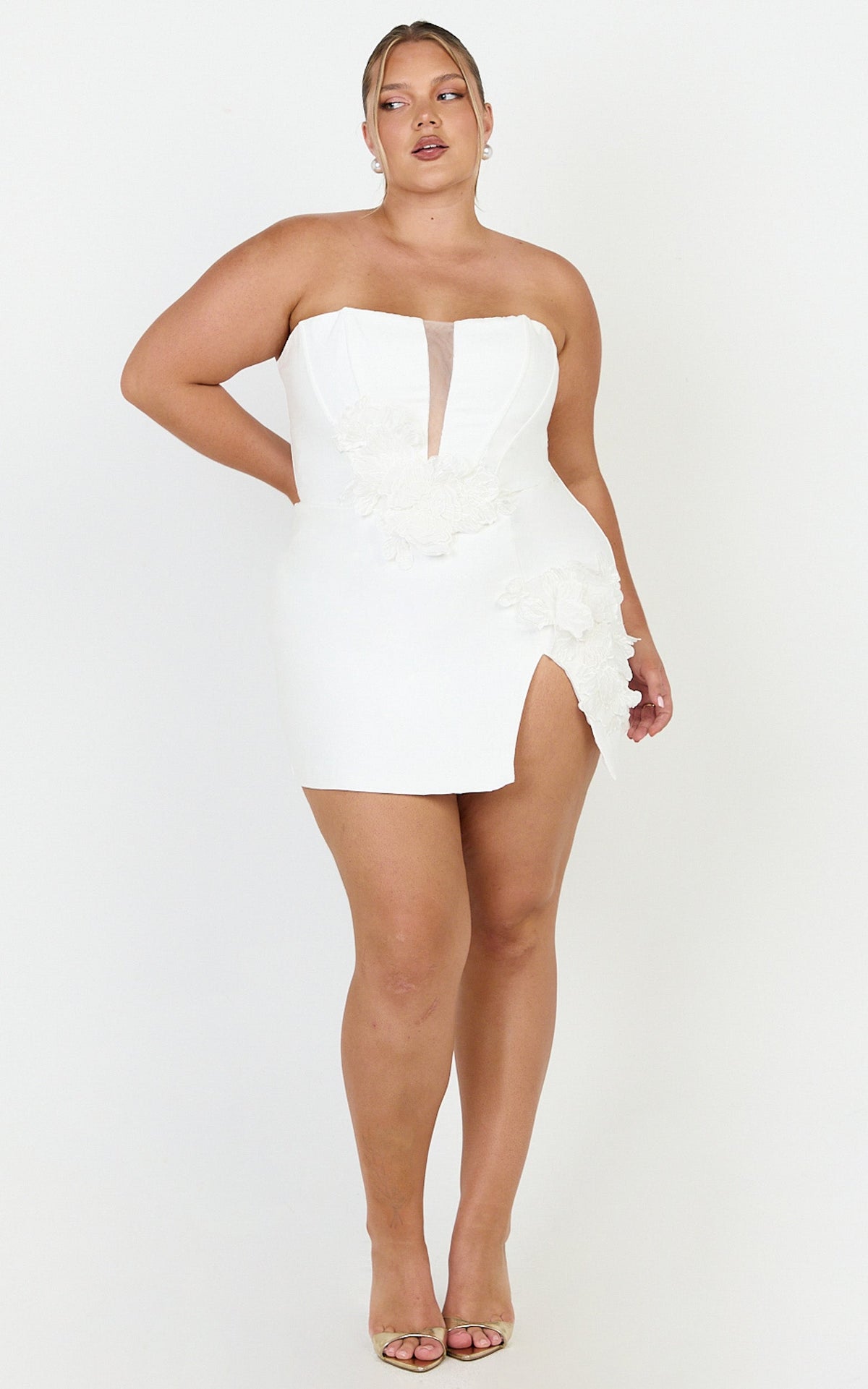 Dolores Mini Dress - Strapless Plunge Bodycon Leg Split Dress in White