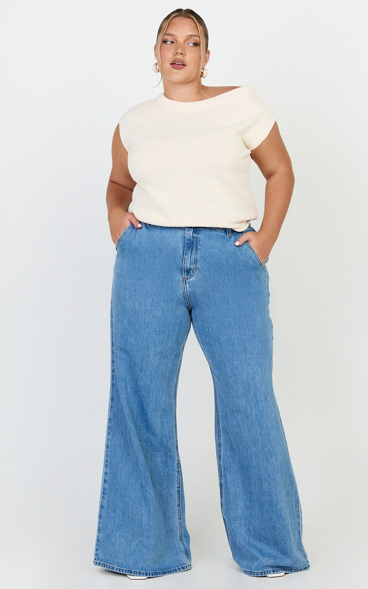 Emman Jeans - High Waisted Cotton Wide Leg Denim Jeans in Mid Blue