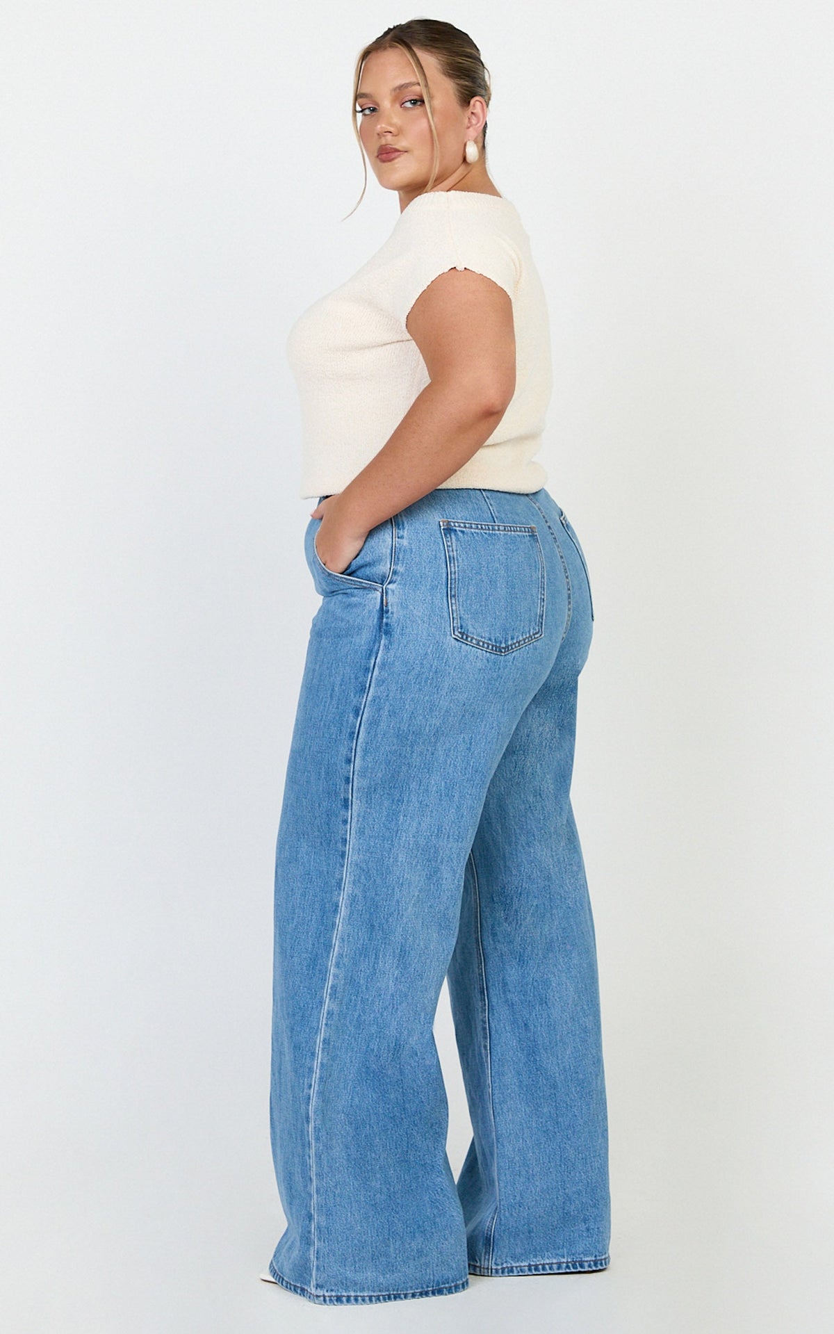 Emman Jeans - High Waisted Cotton Wide Leg Denim Jeans in Mid Blue