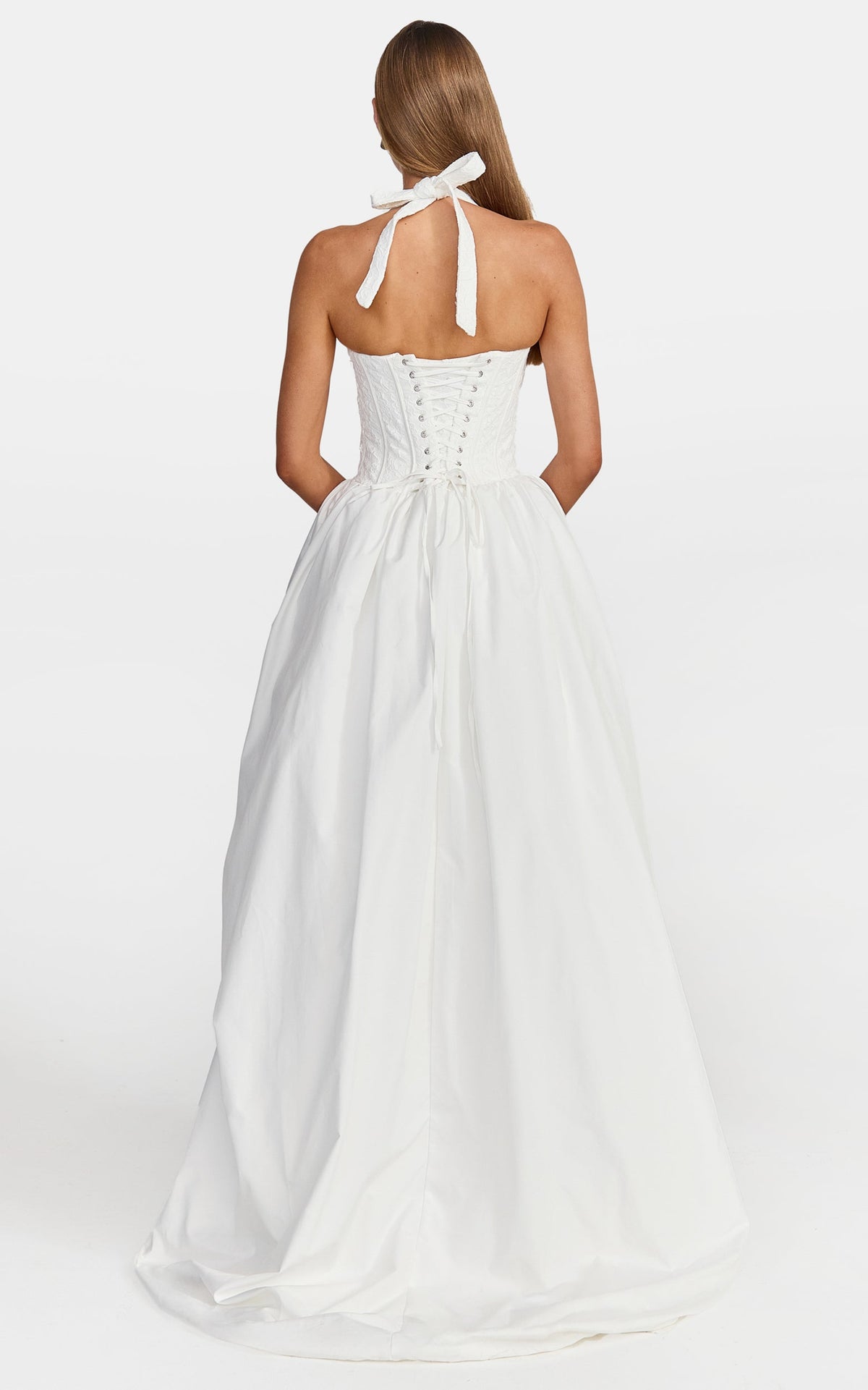 Aurella Maxi Dress - Lace Corset Bodice Asymmetric Bubble Hem Dress in White