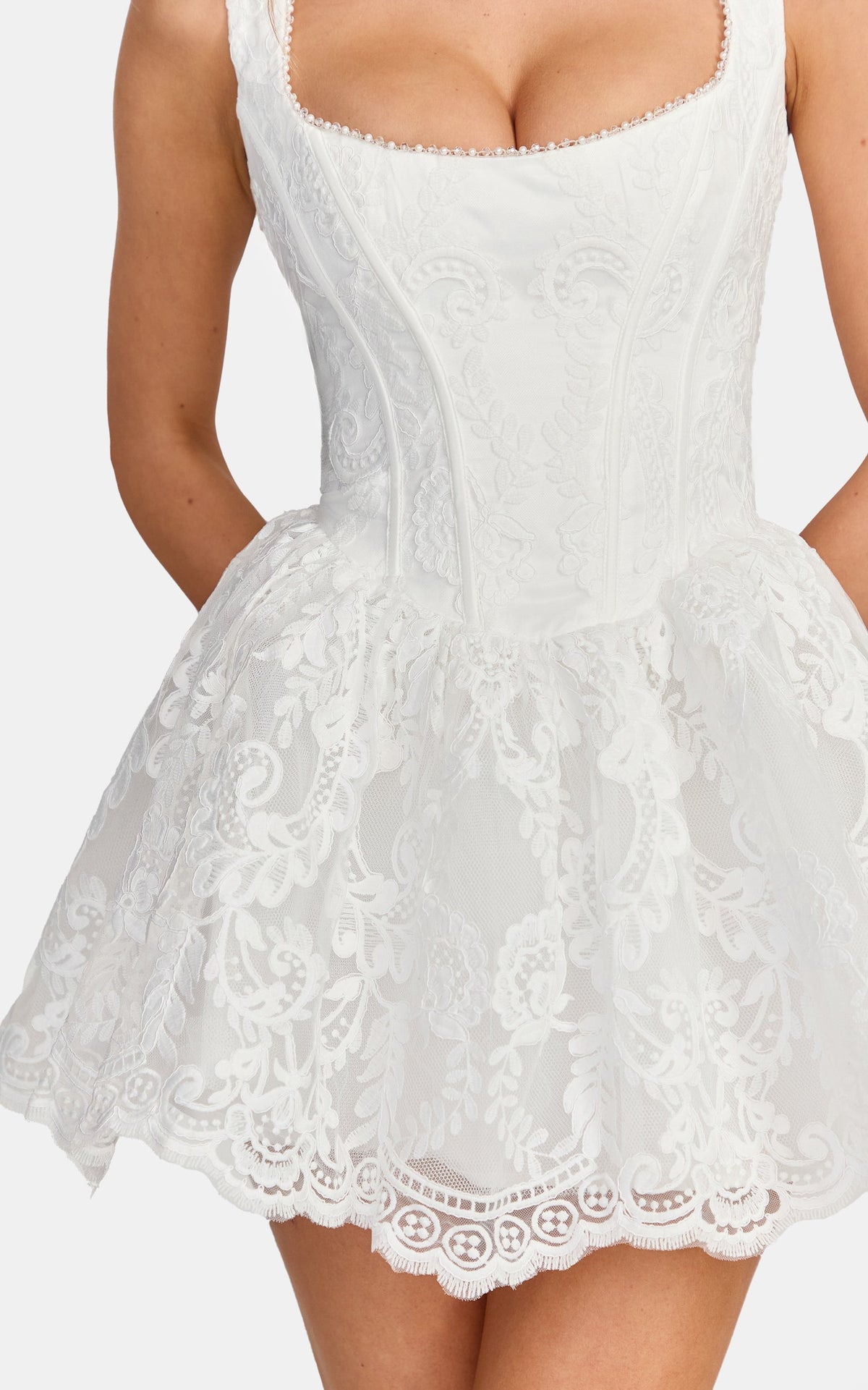 Evie Mini Dress - Lace Corset Bodice Pearl Trim Dress in White