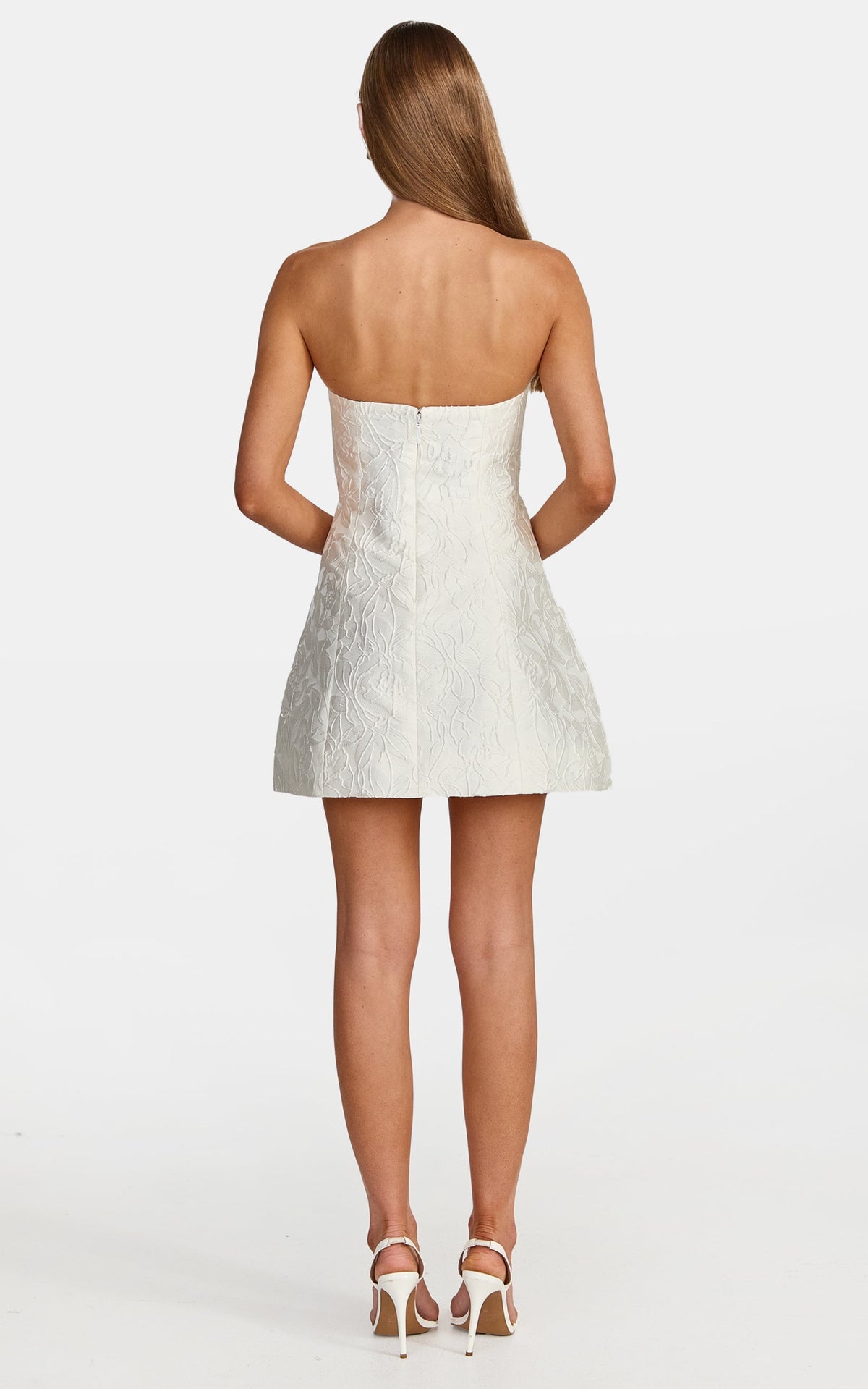 Rosalie Mini Dress - Strapless Jacquard Floral Mini Dress in White