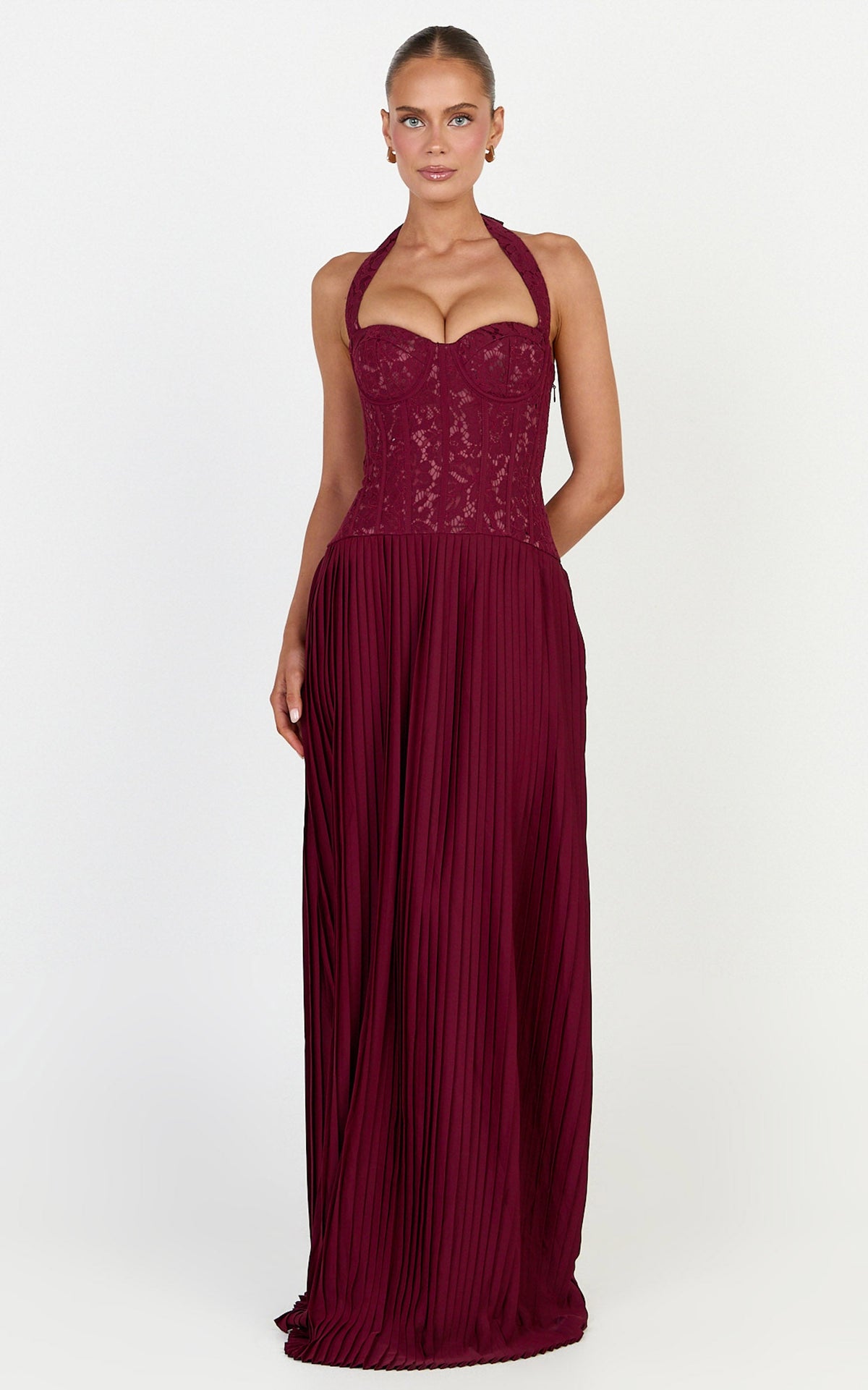Malia Maxi Dress - Lace Corset Bodice Contrast Pleated Skirt Halter Dress in Wine