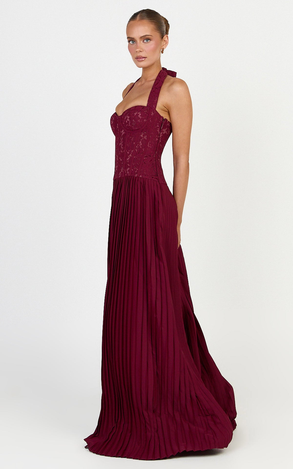 Malia Maxi Dress - Lace Corset Bodice Contrast Pleated Skirt Halter Dress in Wine