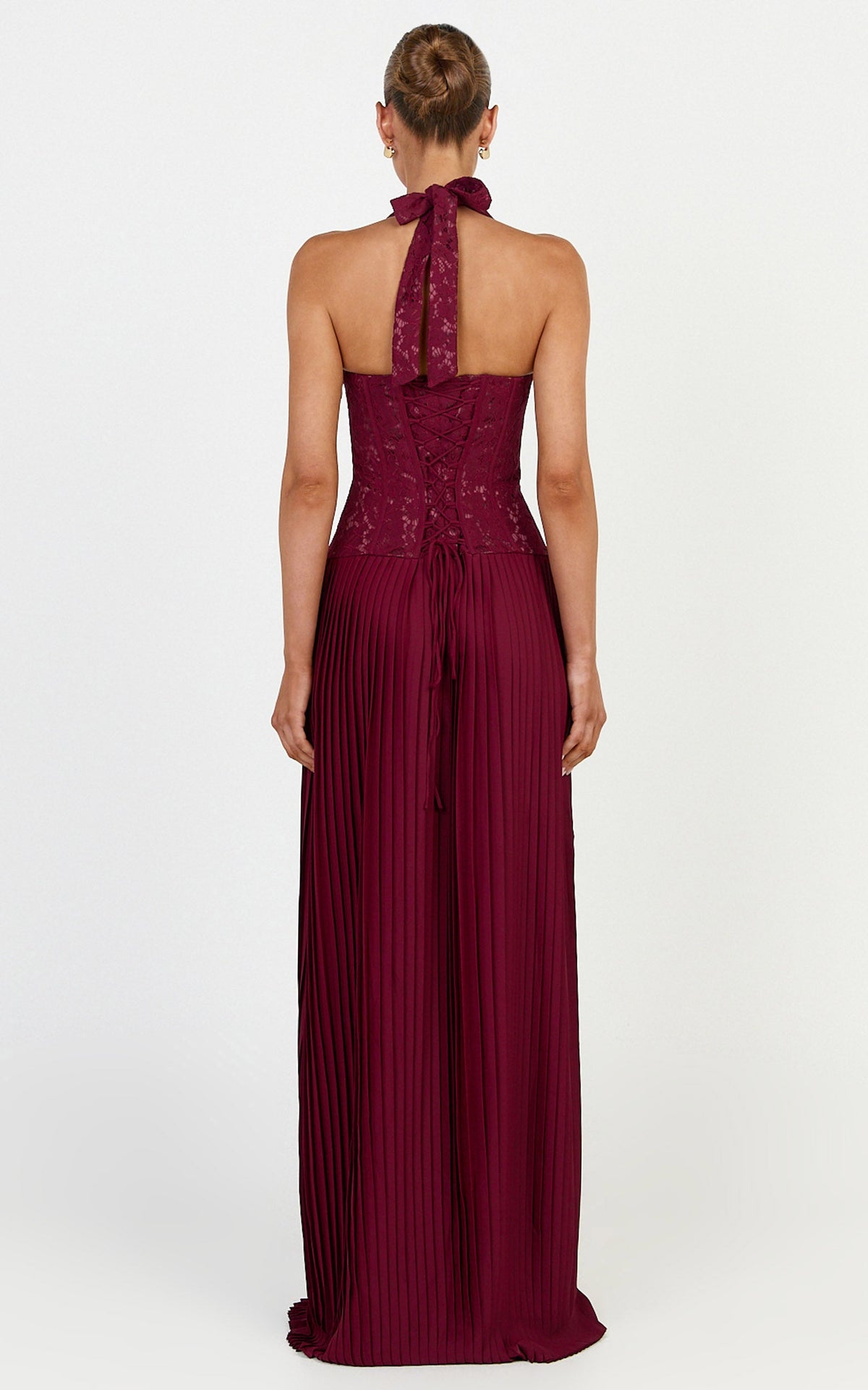 Malia Maxi Dress - Lace Corset Bodice Contrast Pleated Skirt Halter Dress in Wine