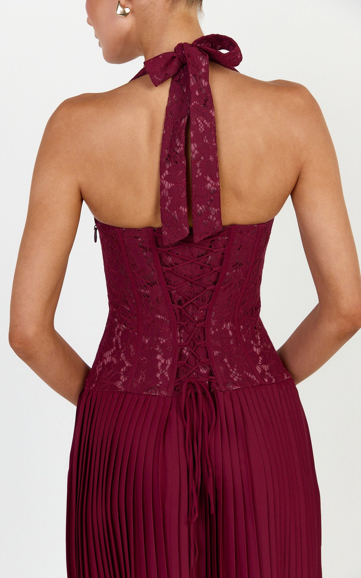 Malia Maxi Dress - Lace Corset Bodice Contrast Pleated Skirt Halter Dress in Wine