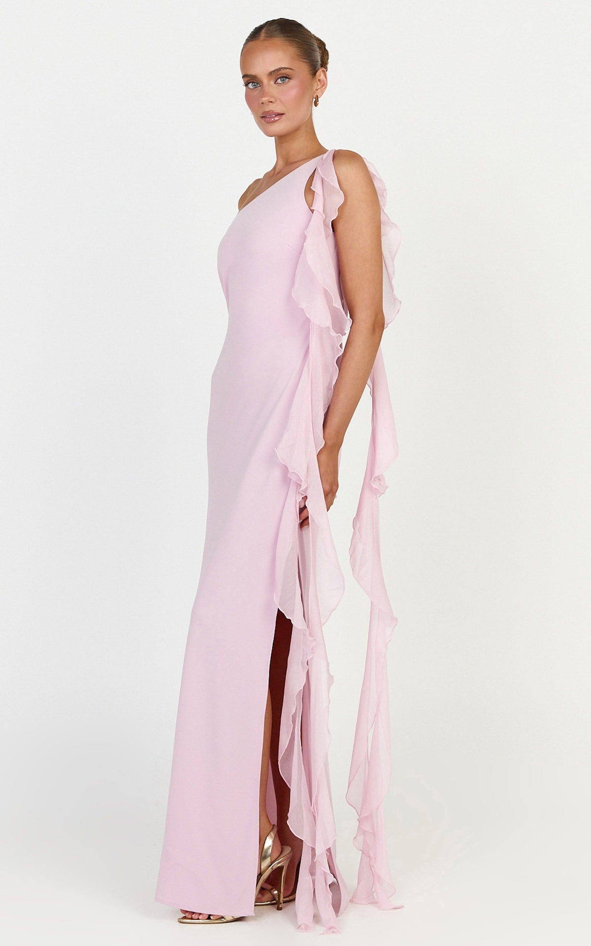 Alani Maxi Dress - Backless One Shoulder Flounce Detail Dress in Pink
