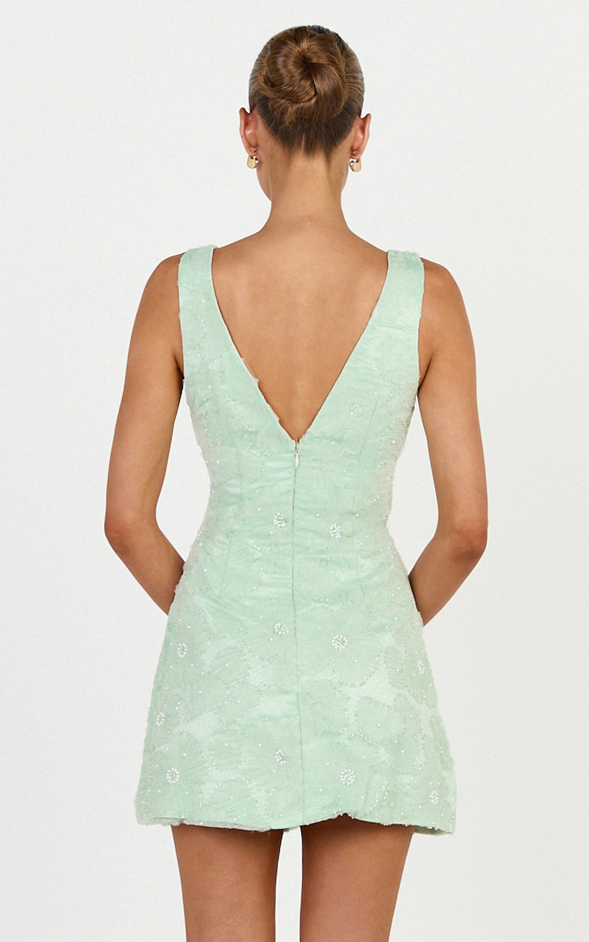 Lima Mini Dress - Plunge Neck Floral Embellished A Line Dress in Sage