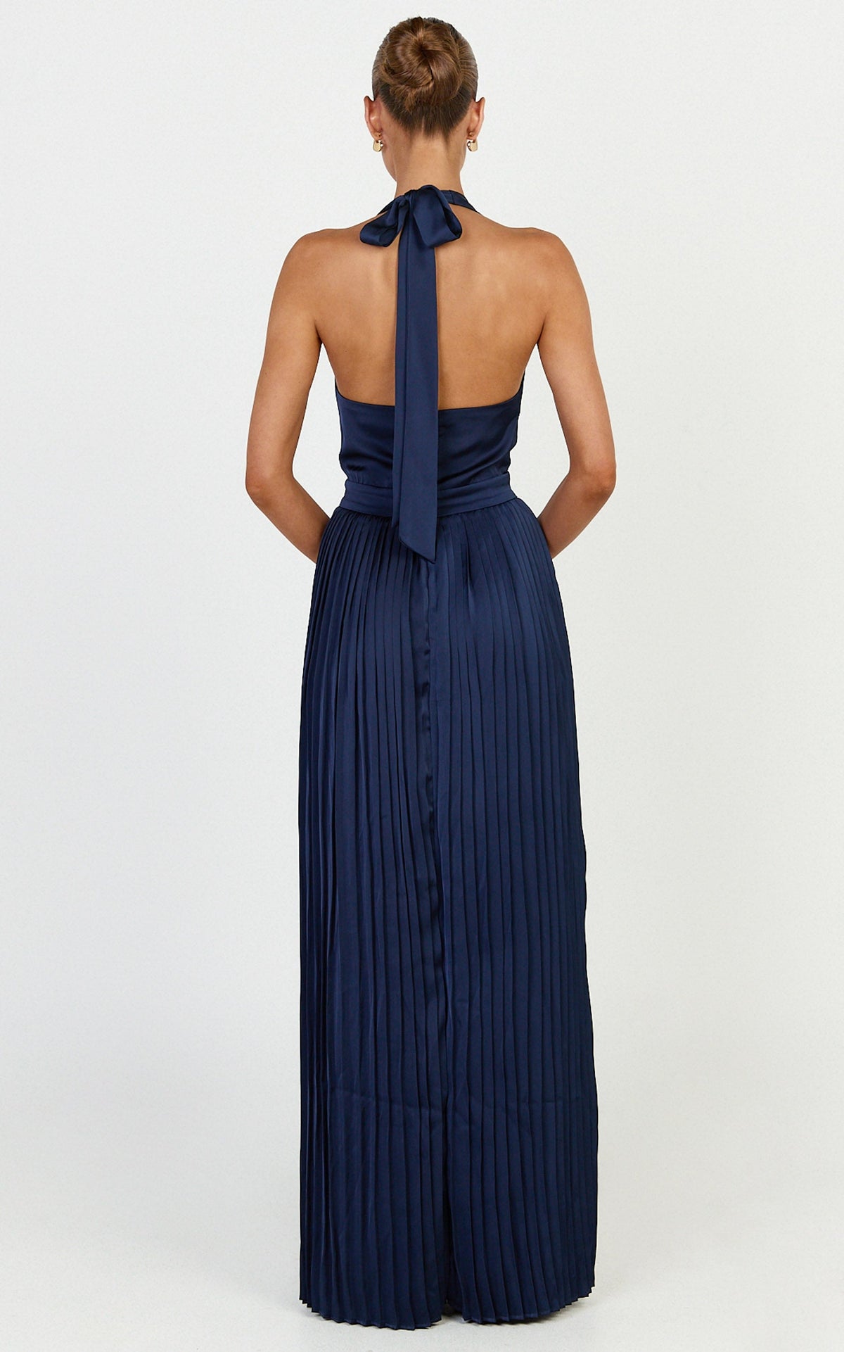 Kayla Maxi Dress - Plunge Neckline Pleated Halter Dress in Navy