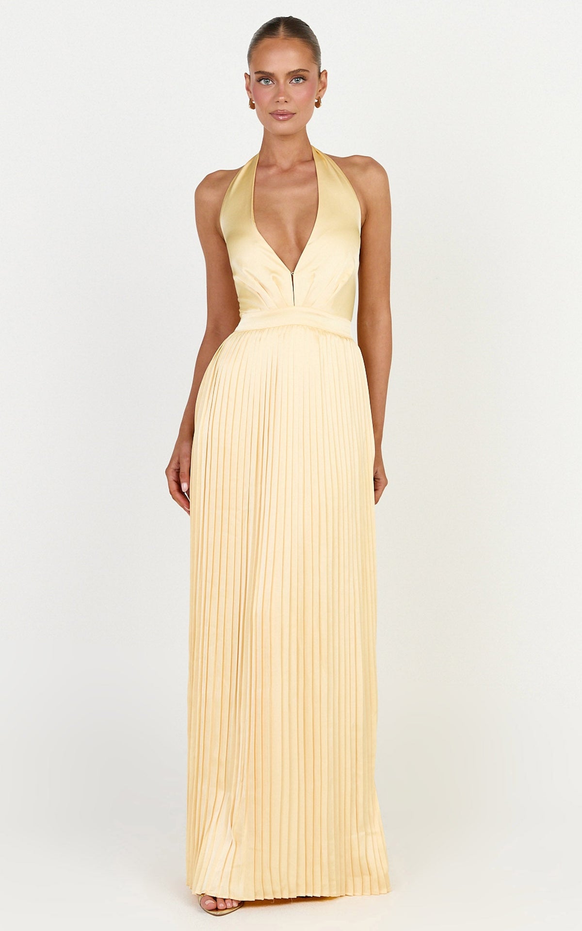 Kayla Maxi Dress - Plunge Neckline Pleated Halter Dress in Butter Yellow