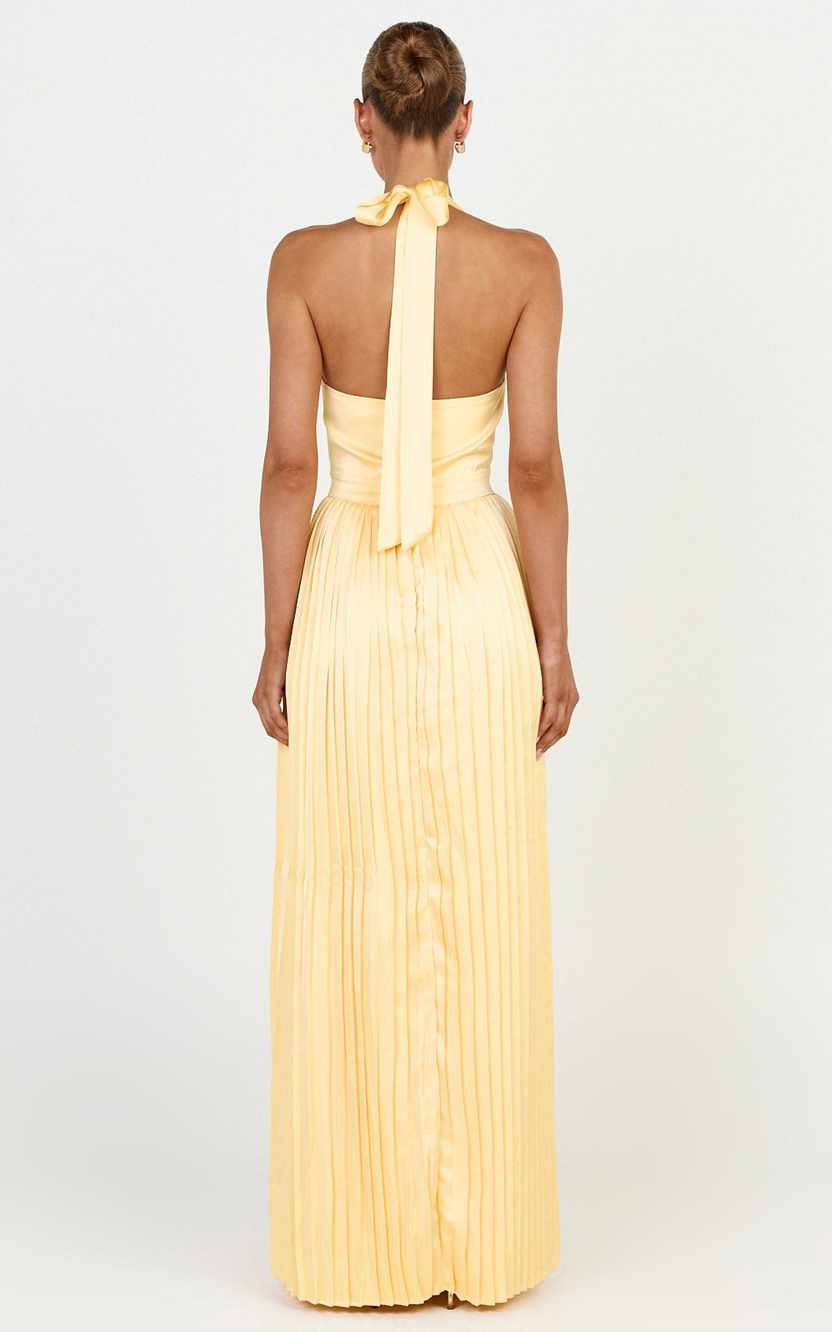Kayla Maxi Dress - Plunge Neckline Pleated Halter Dress in Butter Yellow