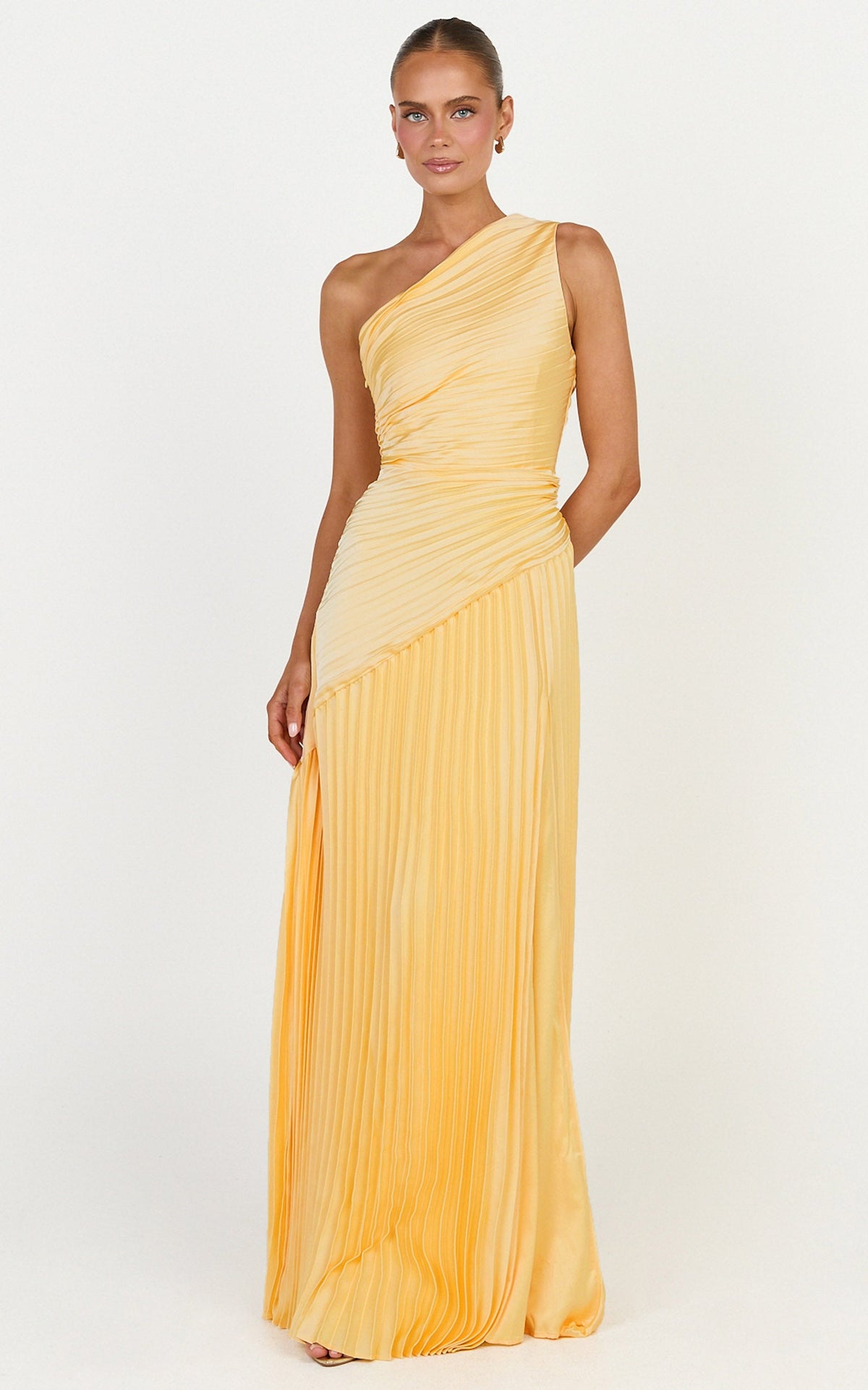 Clarissa Maxi Dress - One Shoulder Pleated Dress in Butter Yellow