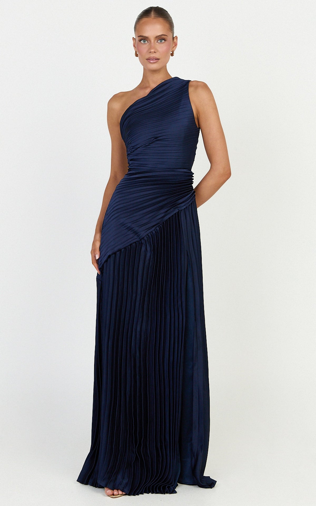 Clarissa Maxi Dress - One Shoulder Pleated Dress in Navy