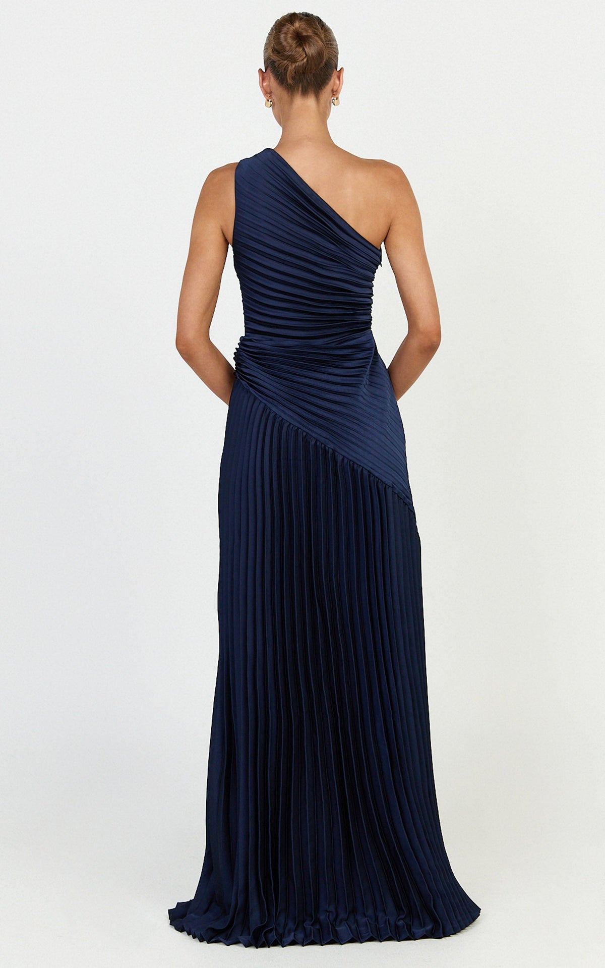 Clarissa Maxi Dress - One Shoulder Pleated Dress in Navy