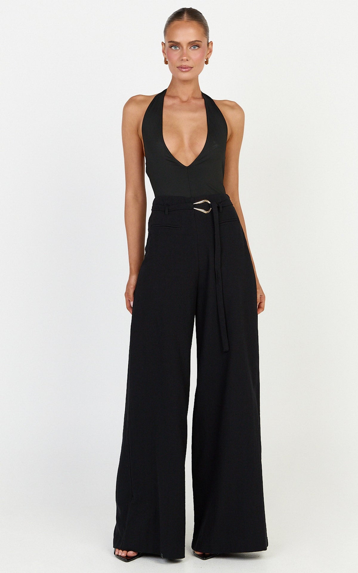 Kyra Pants - Linen Look Belted Wide Leg Pants in Black