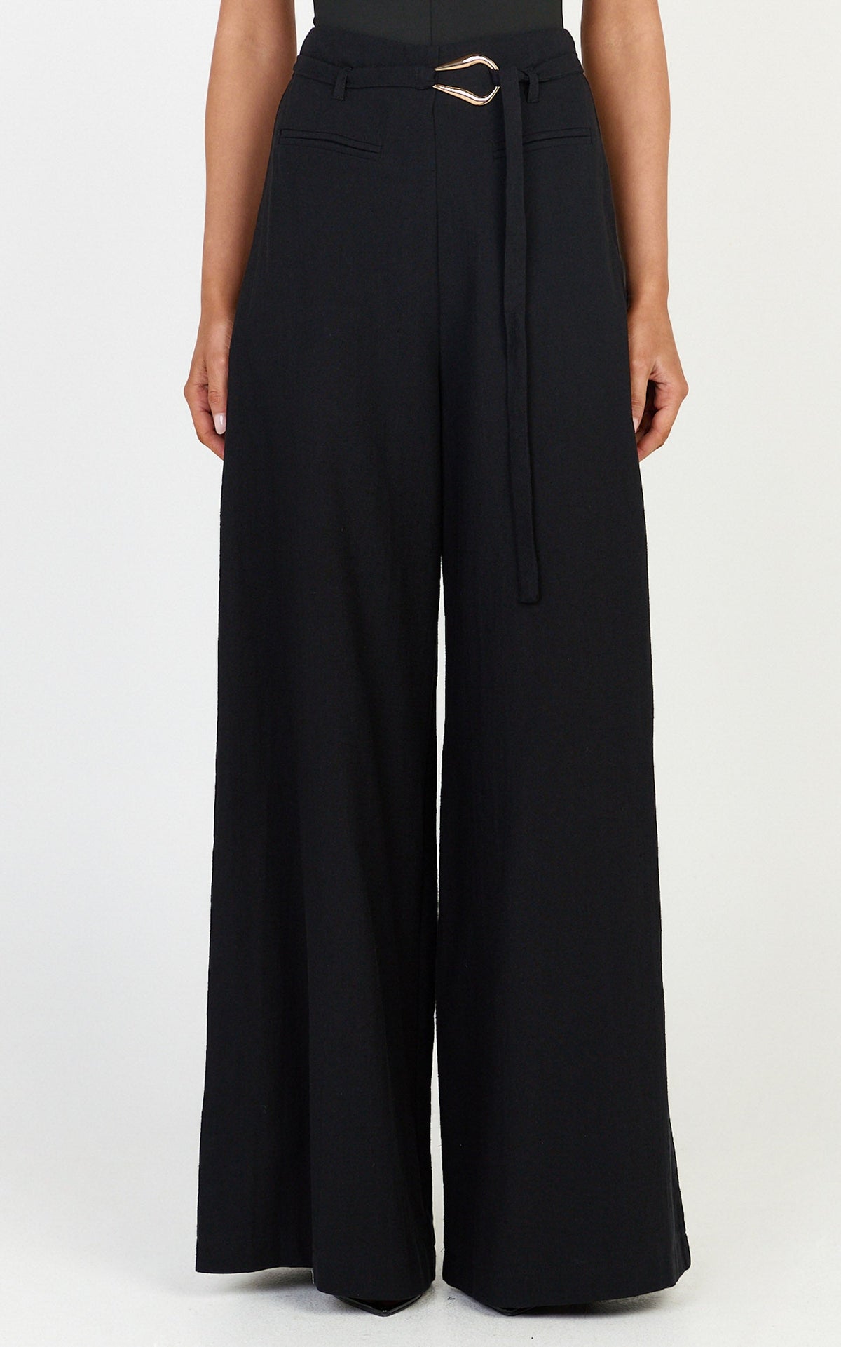 Kyra Pants - Linen Look Belted Wide Leg Pants in Black