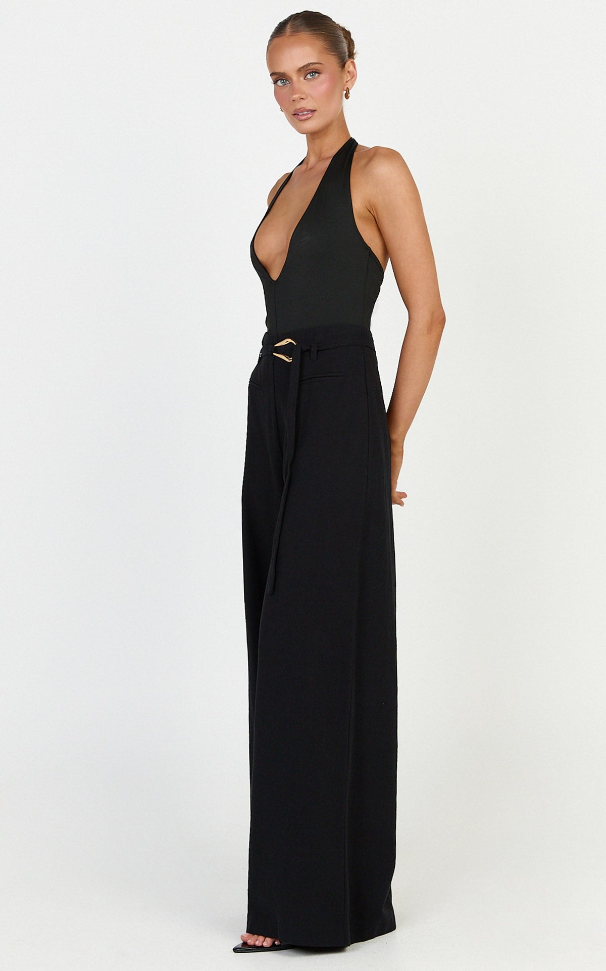 Kyra Pants - Linen Look Belted Wide Leg Pants in Black