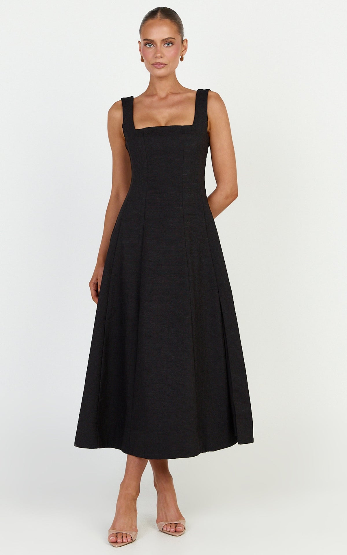 Walters Midi Dress - Square Neck Shirred Back Fit and Flare Panel Dress in Black