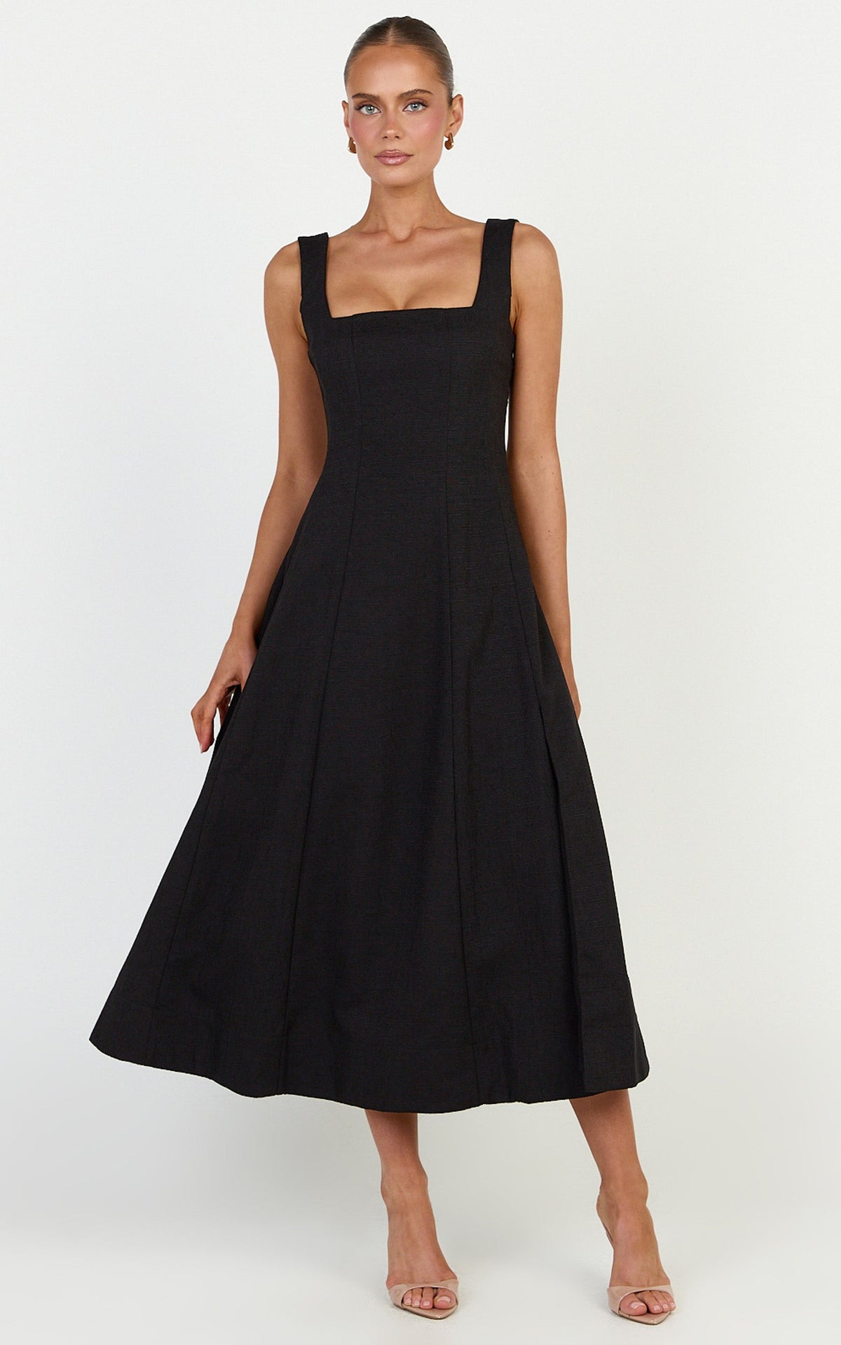 Walters Midi Dress - Square Neck Shirred Back Fit and Flare Panel Dress in Black