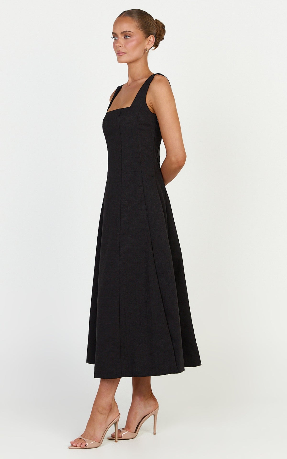 Walters Midi Dress - Square Neck Shirred Back Fit and Flare Panel Dress in Black