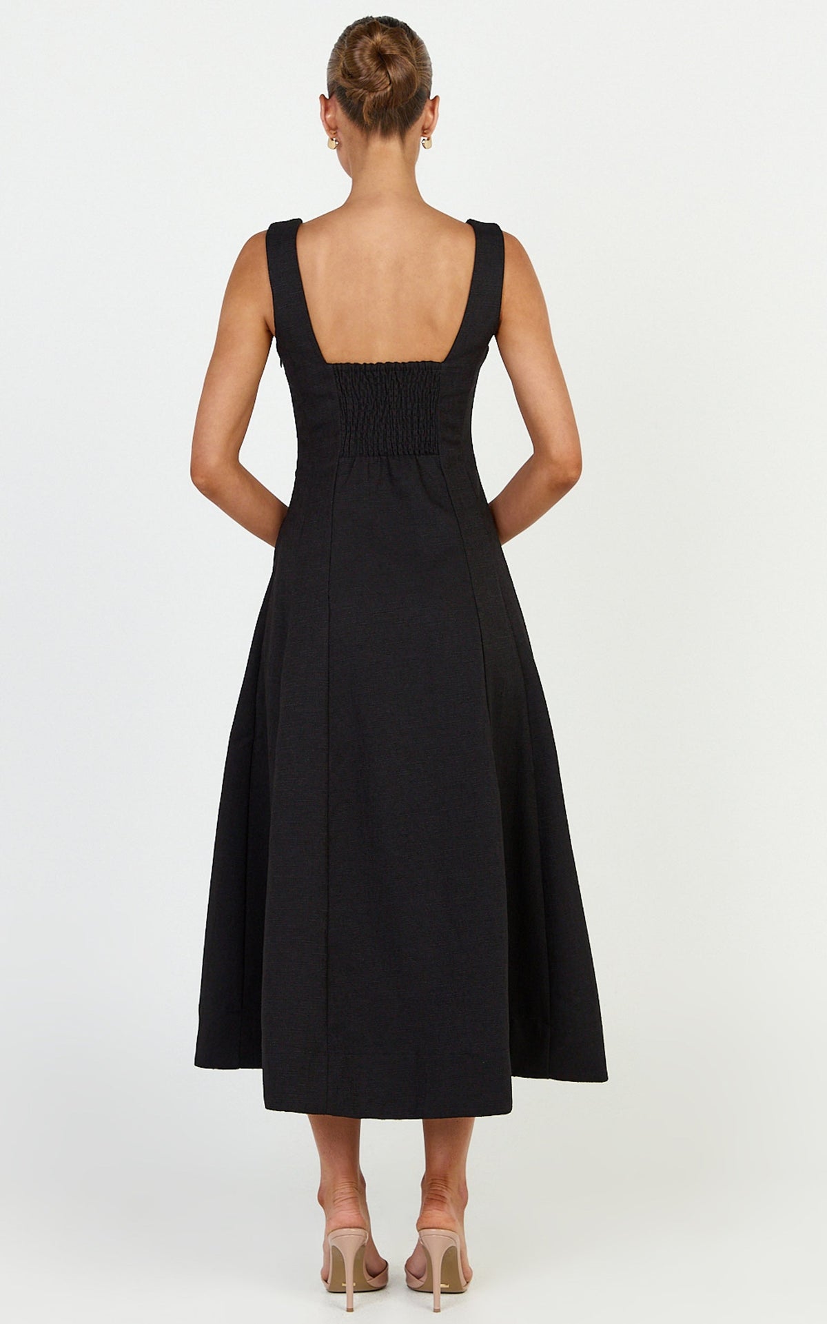 Walters Midi Dress - Square Neck Shirred Back Fit and Flare Panel Dress in Black