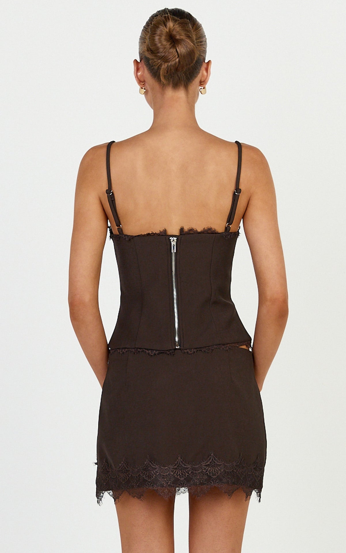 Primrose Mini Skirt - Side Split Lace Insert Slip Skirt in Dark Chocolate