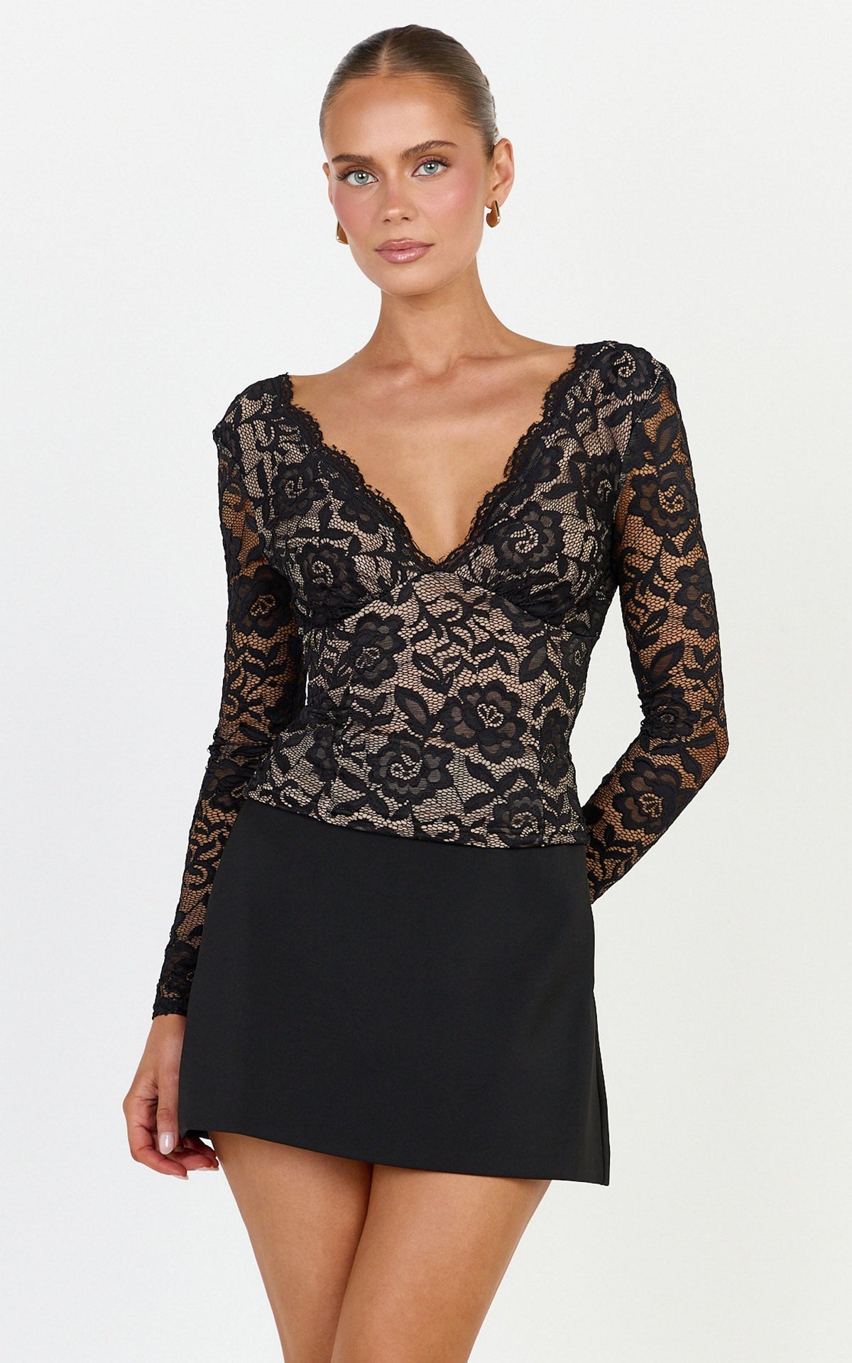 Marlowe Top - V Neck Long Sleeve Lace Top in Black