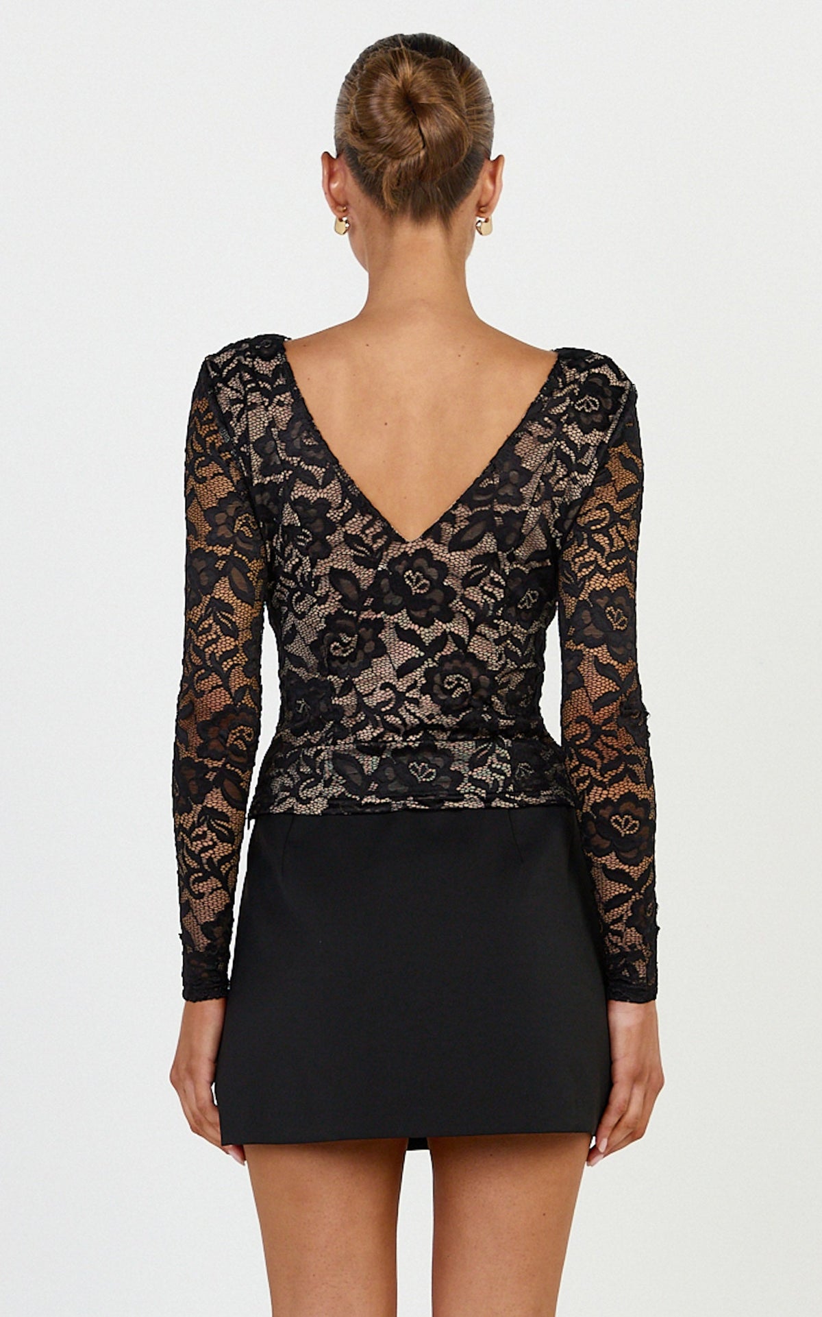Marlowe Top - V Neck Long Sleeve Lace Top in Black