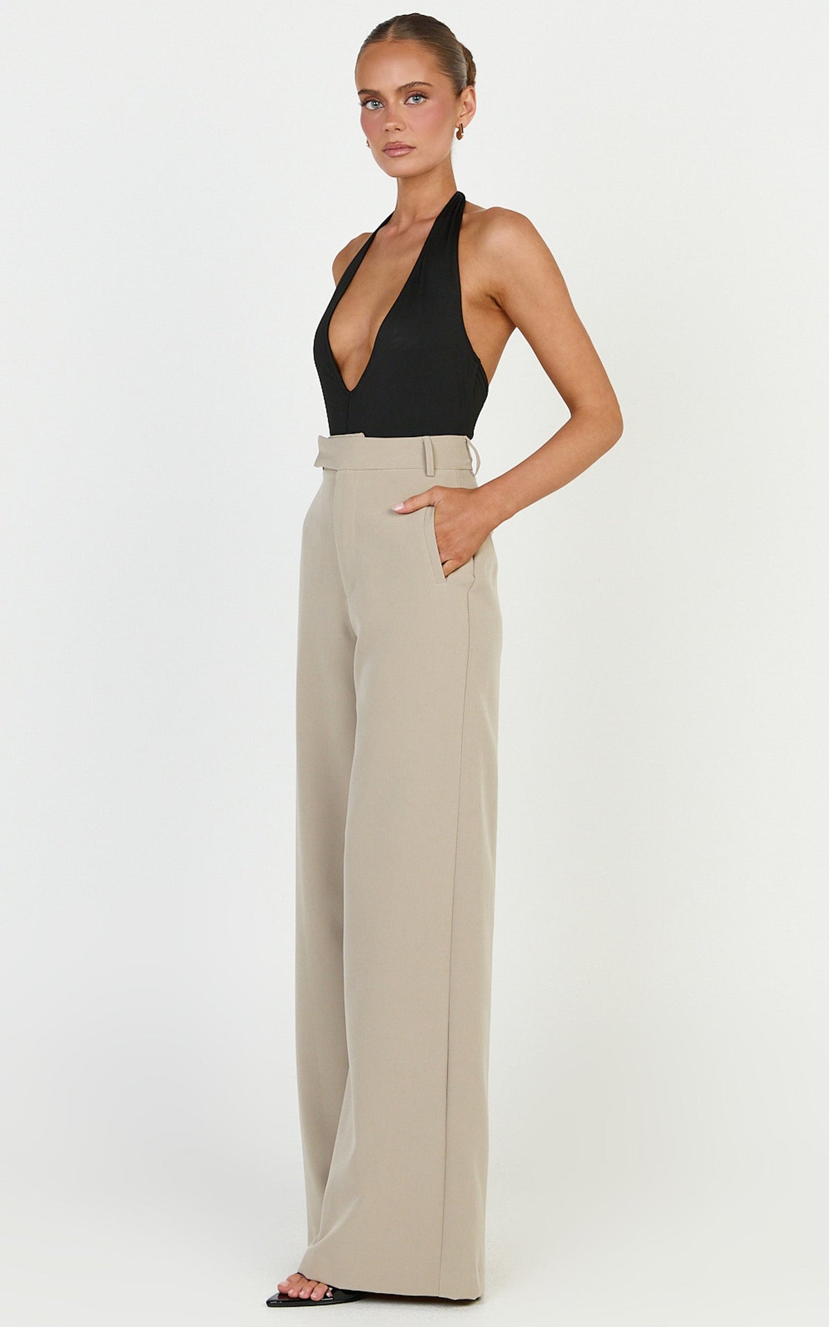 Selena Pants - High Waisted Wide Leg Tailored Pants in Neutral