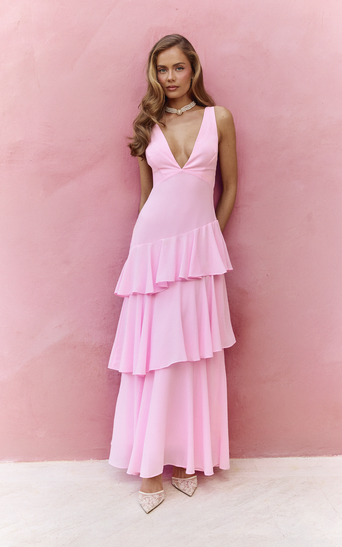 Beryl Midi Dress - Deep V Neck Sleeveless Layered Dress in Pink