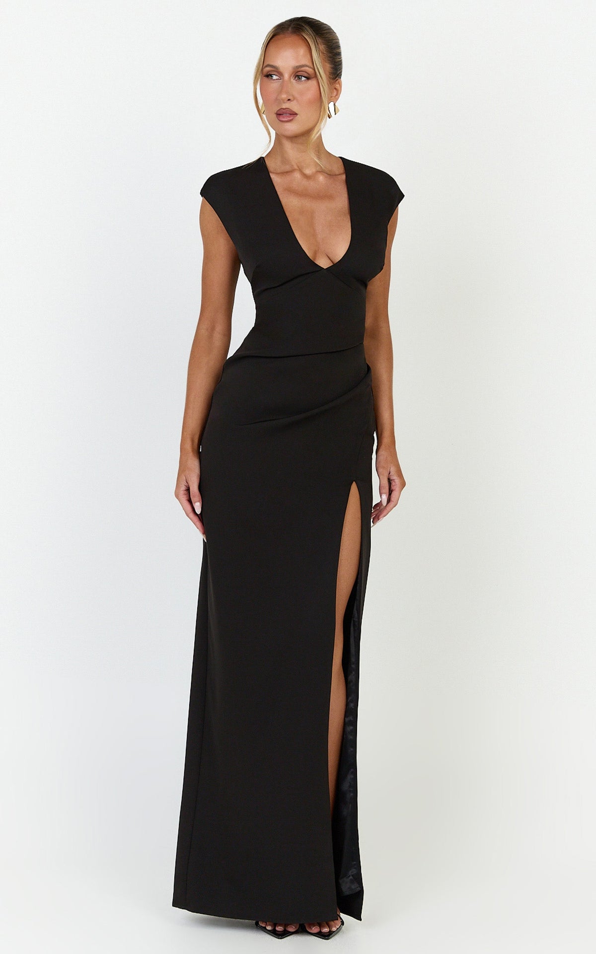 Lilo Maxi Dress - V Neck Cap Sleeve Dress in Black