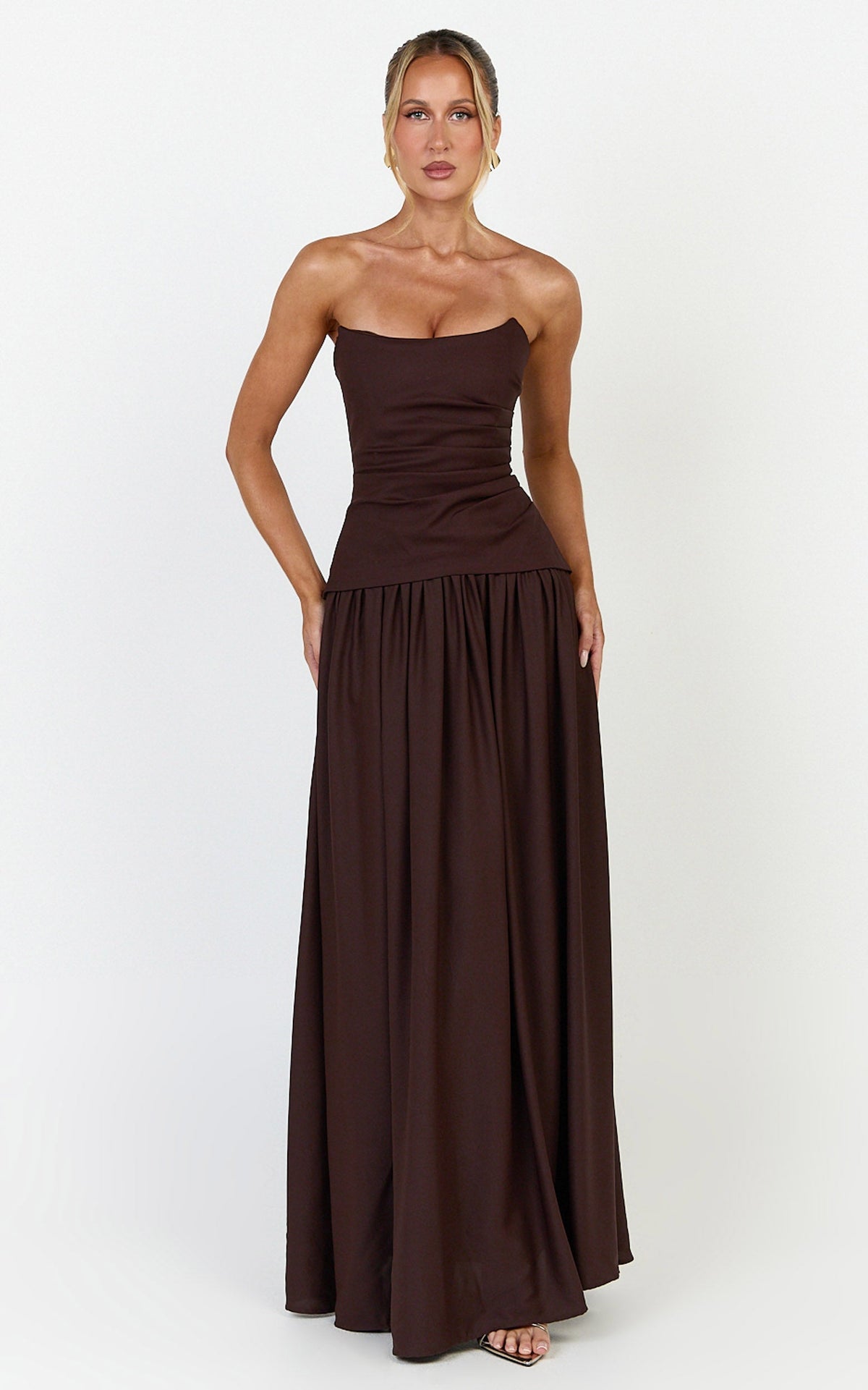 Marlowe Maxi Dress - Strapless Gathered Bodice Fit And Flare Dress in Chocolate