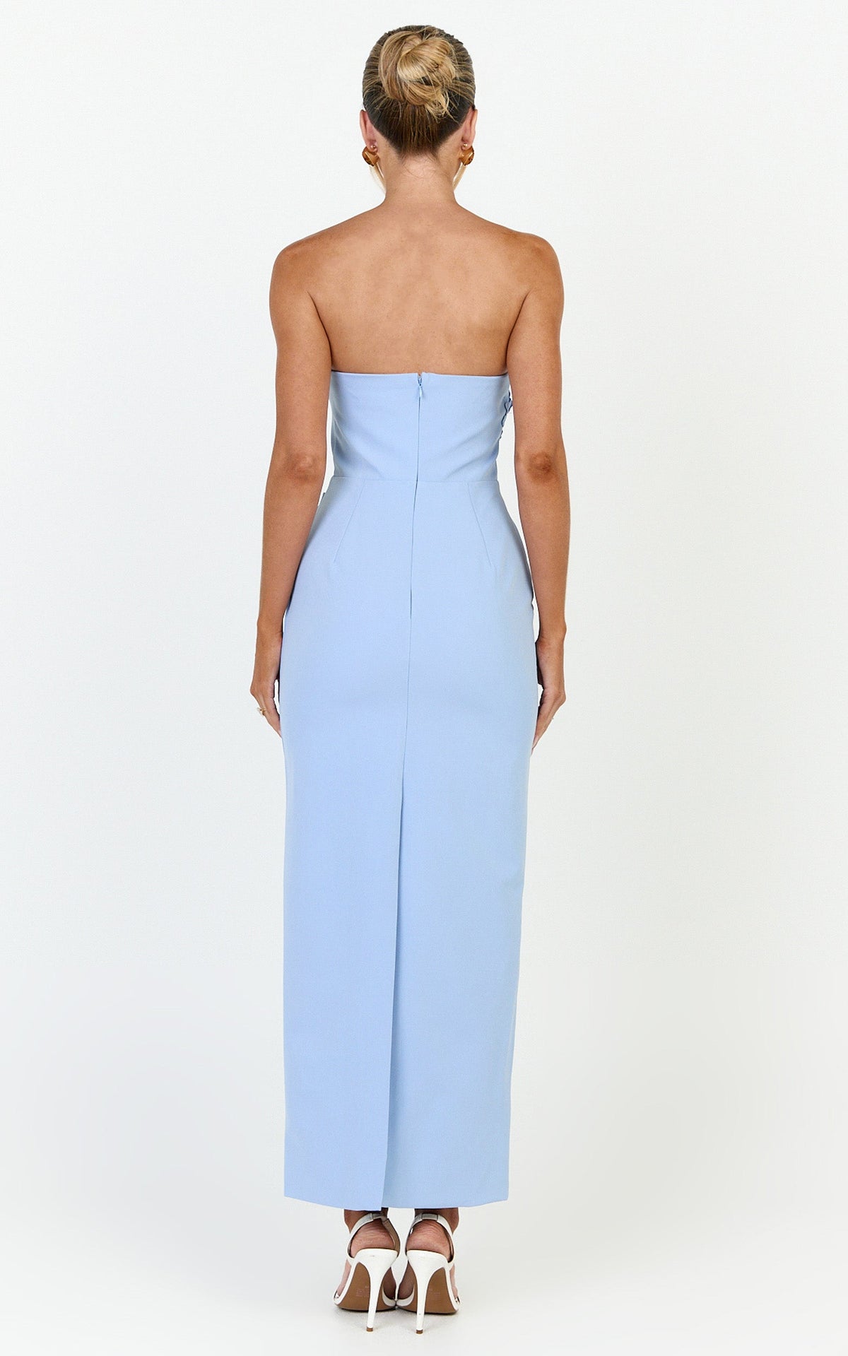 Moana Maxi Dress - Strapless Floral Embellished Structured Column Dress in Soft Blue