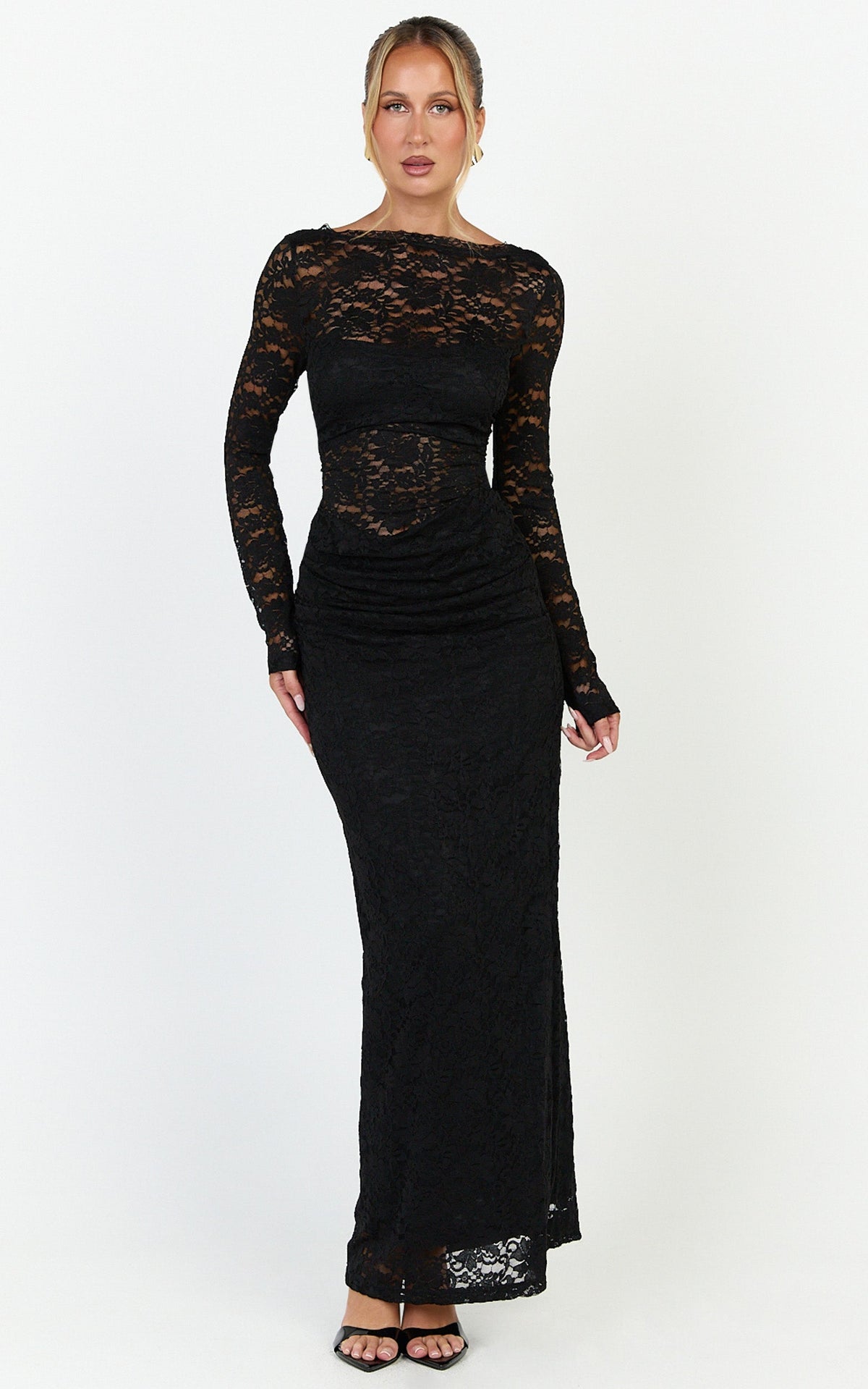 Skye Maxi Dress - Lace Long Sleeve Draped Waist Dress in Black