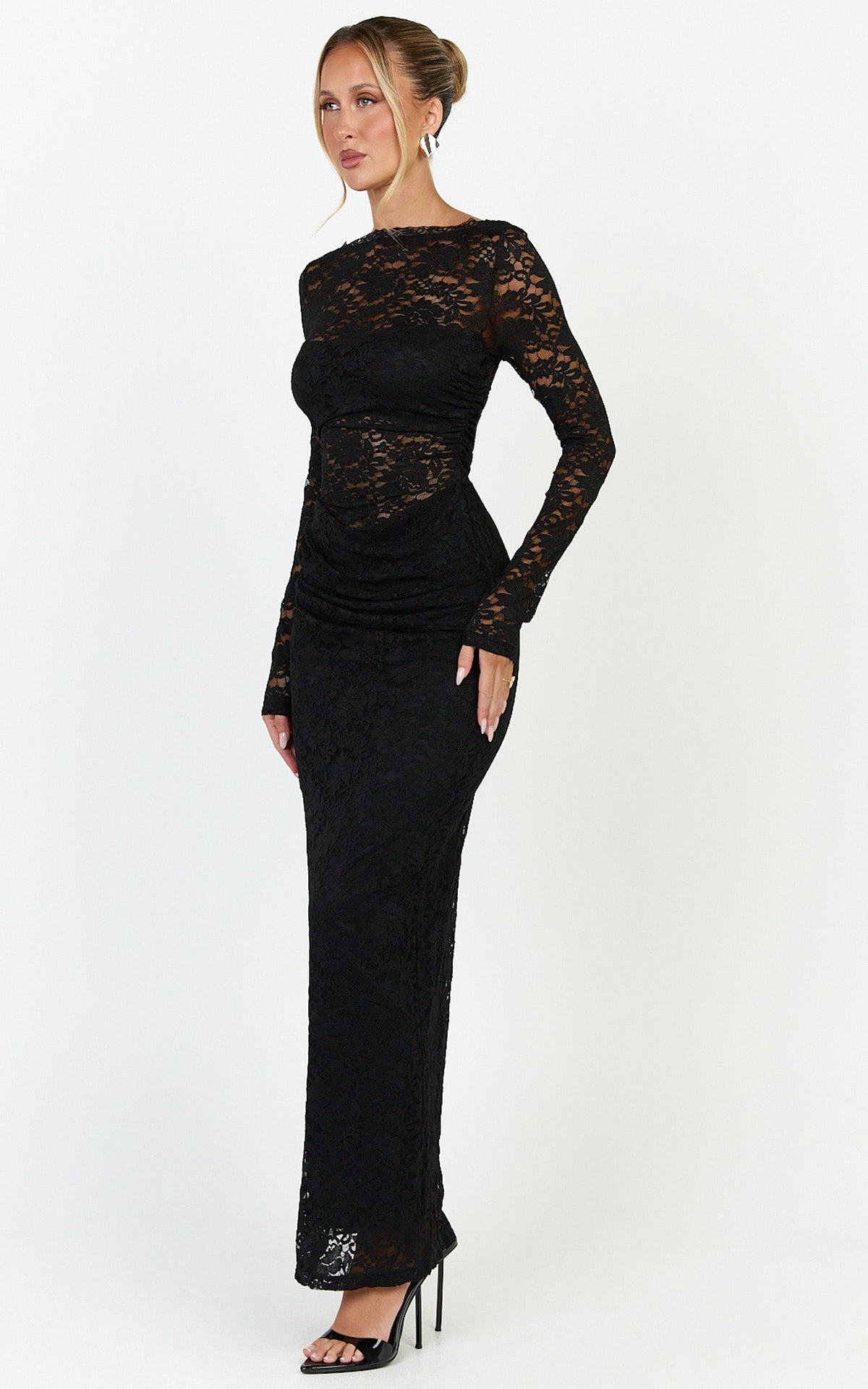 Skye Maxi Dress - Lace Long Sleeve Draped Waist Dress in Black