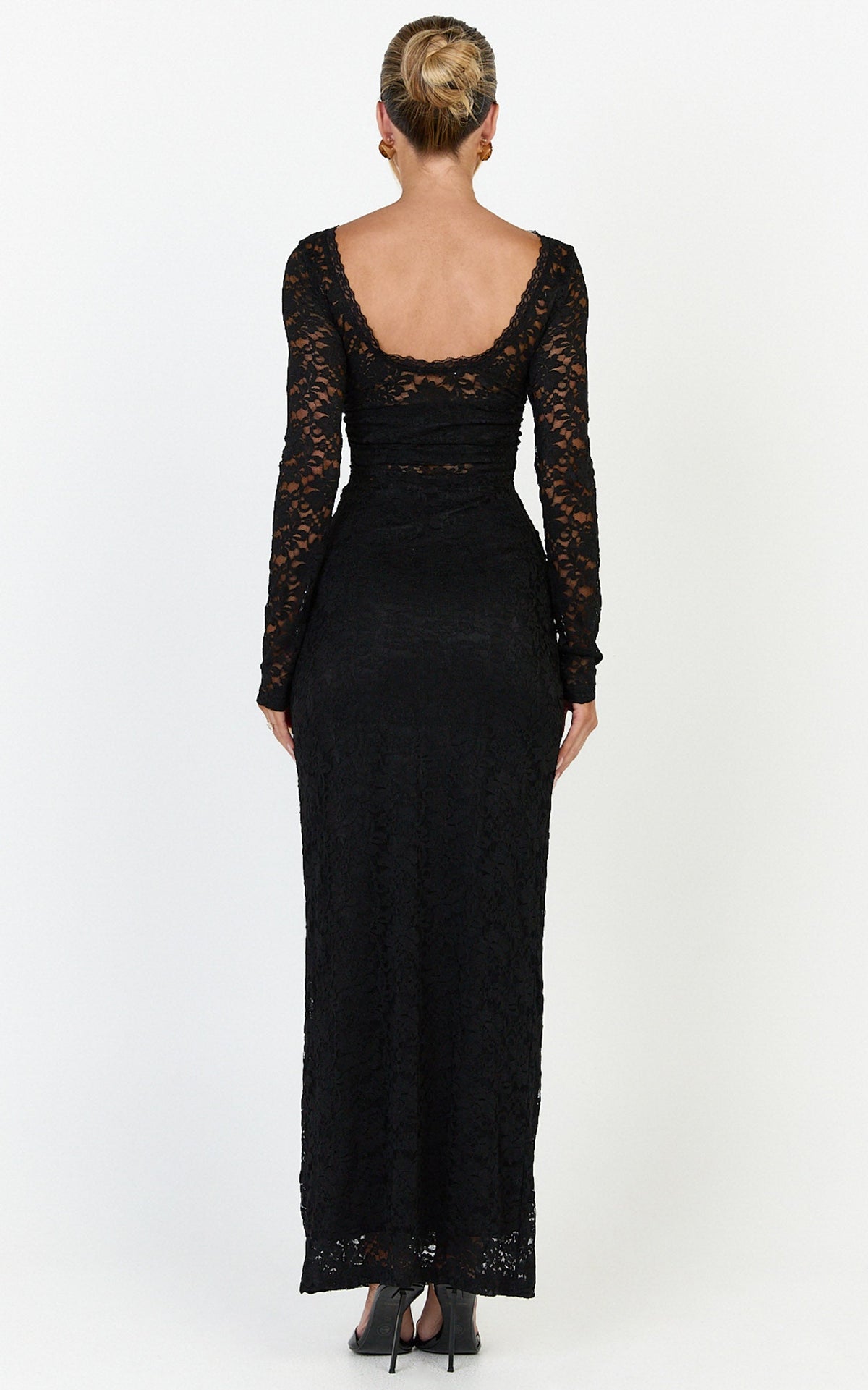 Skye Maxi Dress - Lace Long Sleeve Draped Waist Dress in Black