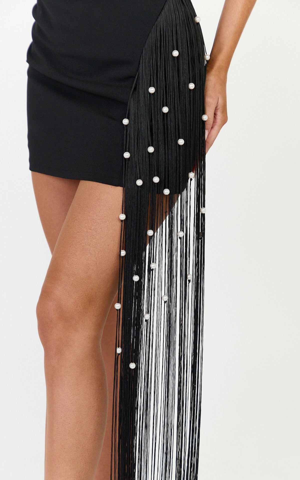 Liana Mini Dress - Boat Neckline Pearl Fringe Dress in Black