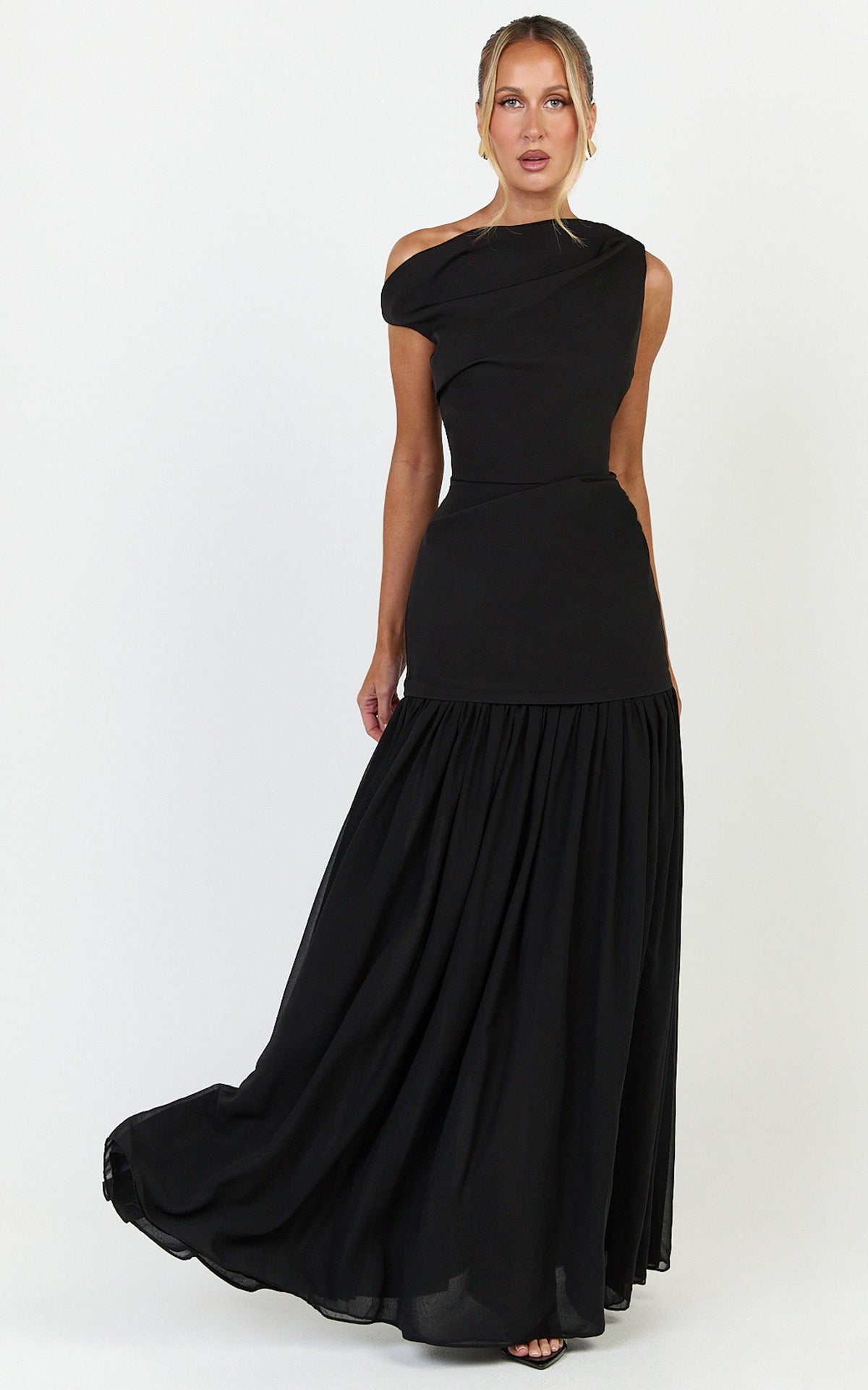 Azure Maxi Dress - Tipped Shoulder Dress With Tuck Detail and Leg Split in Black