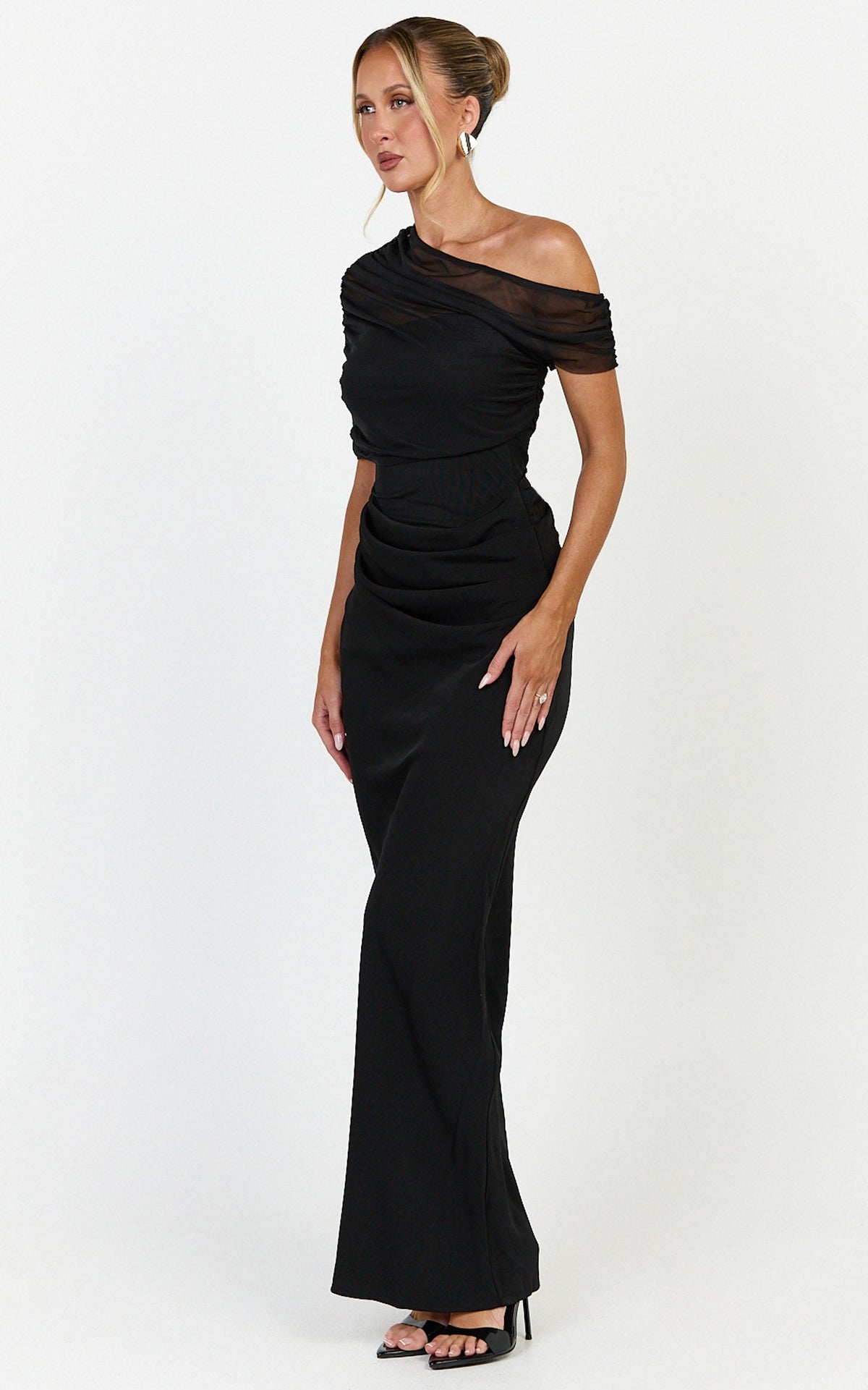Nami Maxi Dress - Overlay Off Shoulder Draped Cowl Waist Dress in Black