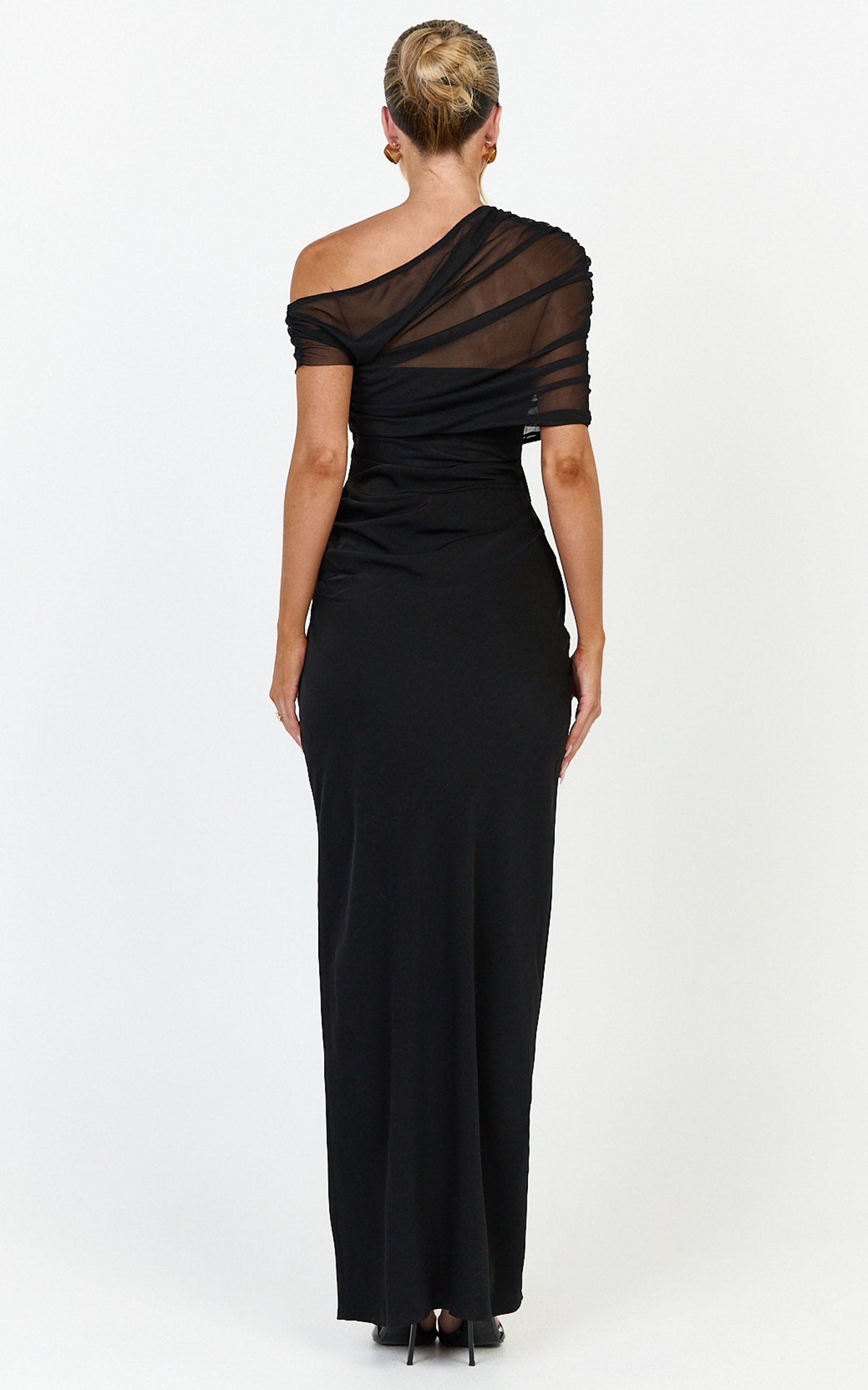 Nami Maxi Dress - Overlay Off Shoulder Draped Cowl Waist Dress in Black